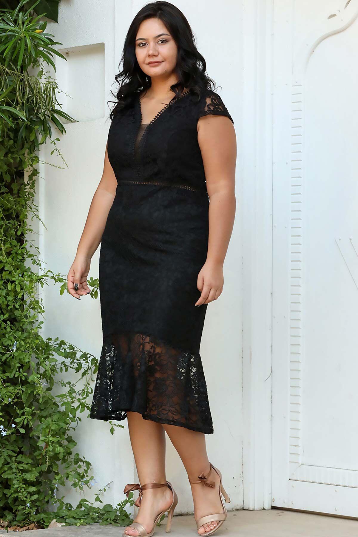 Plus - Size Midi Evening Dress — Black