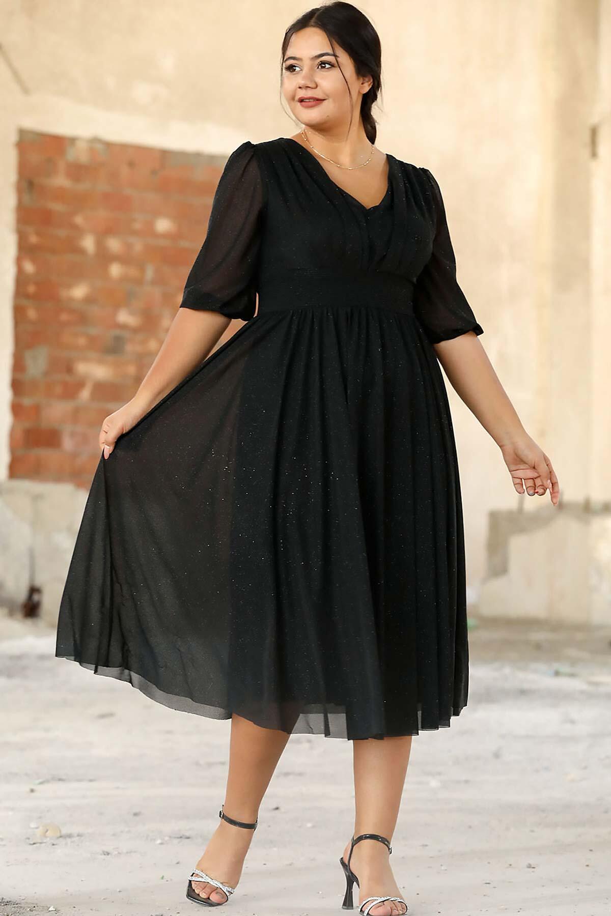 Große Größen Plissiertes Abendkleid mit Taillenbetonung – Schwarz