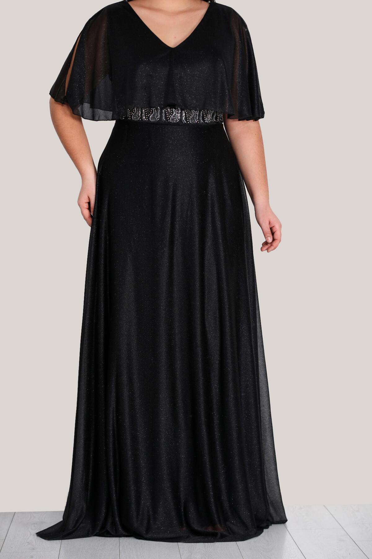 Große Größen Pailletten Langes Abendkleid – Schwarz