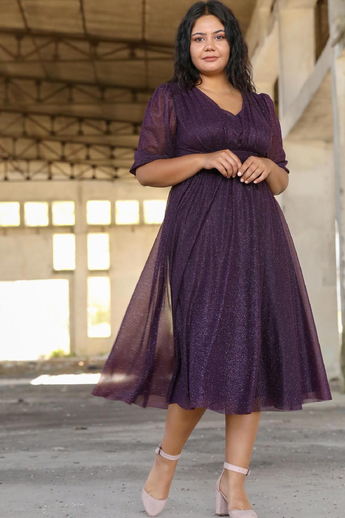 Plus - Size Pleated Waist Evening Dress — Dark Purple