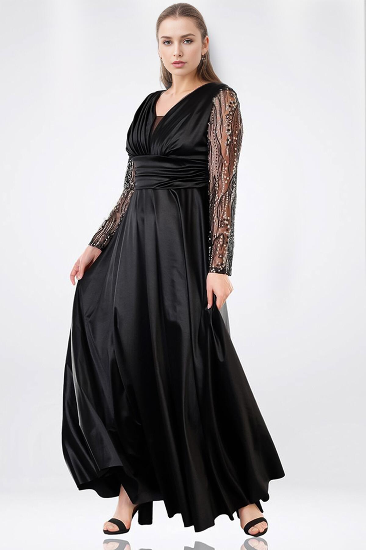 Plus - Size Satin Evening Gown — Black
