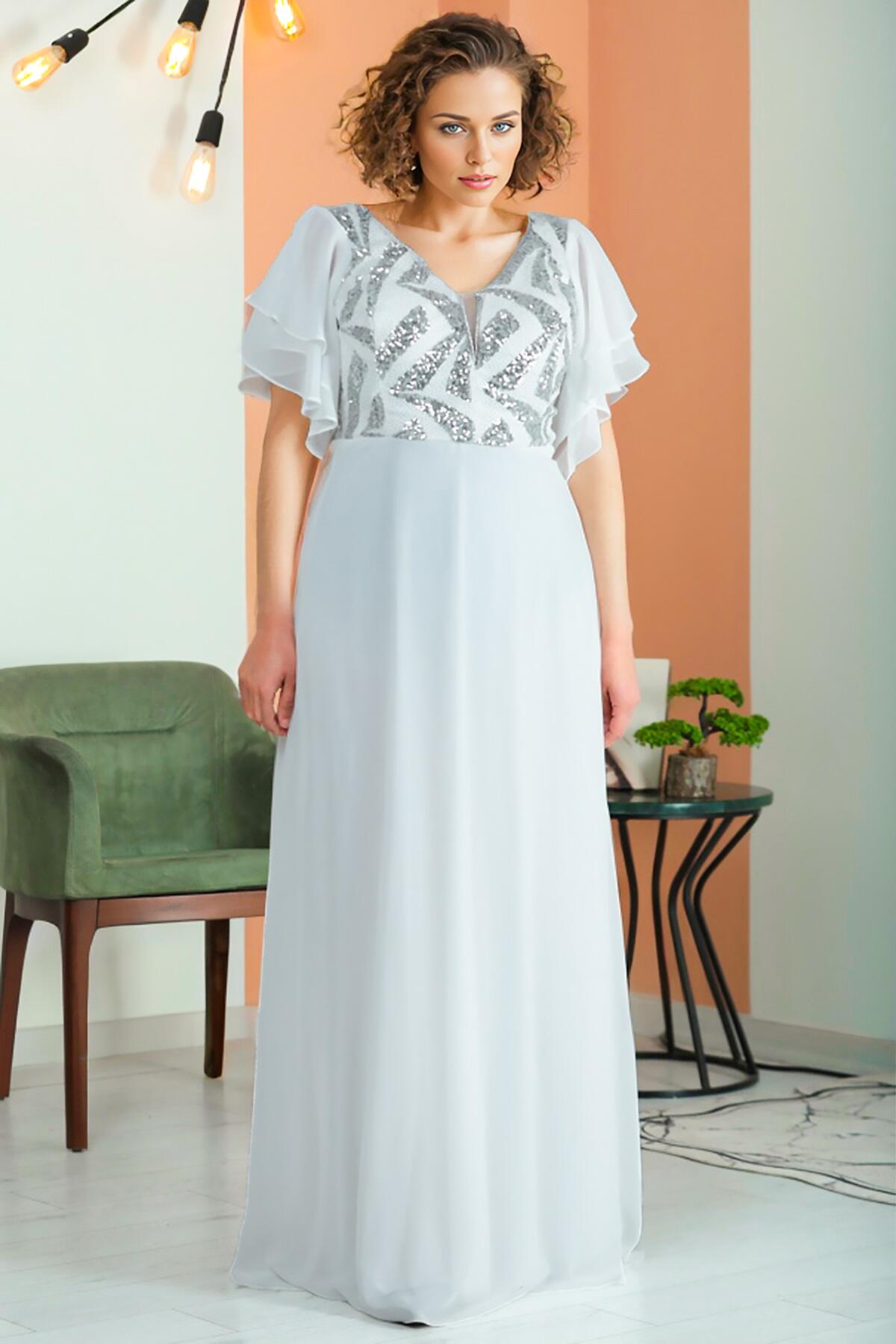 Plus - Size Sequin - Embellished Chiffon Evening Dress — Off - White