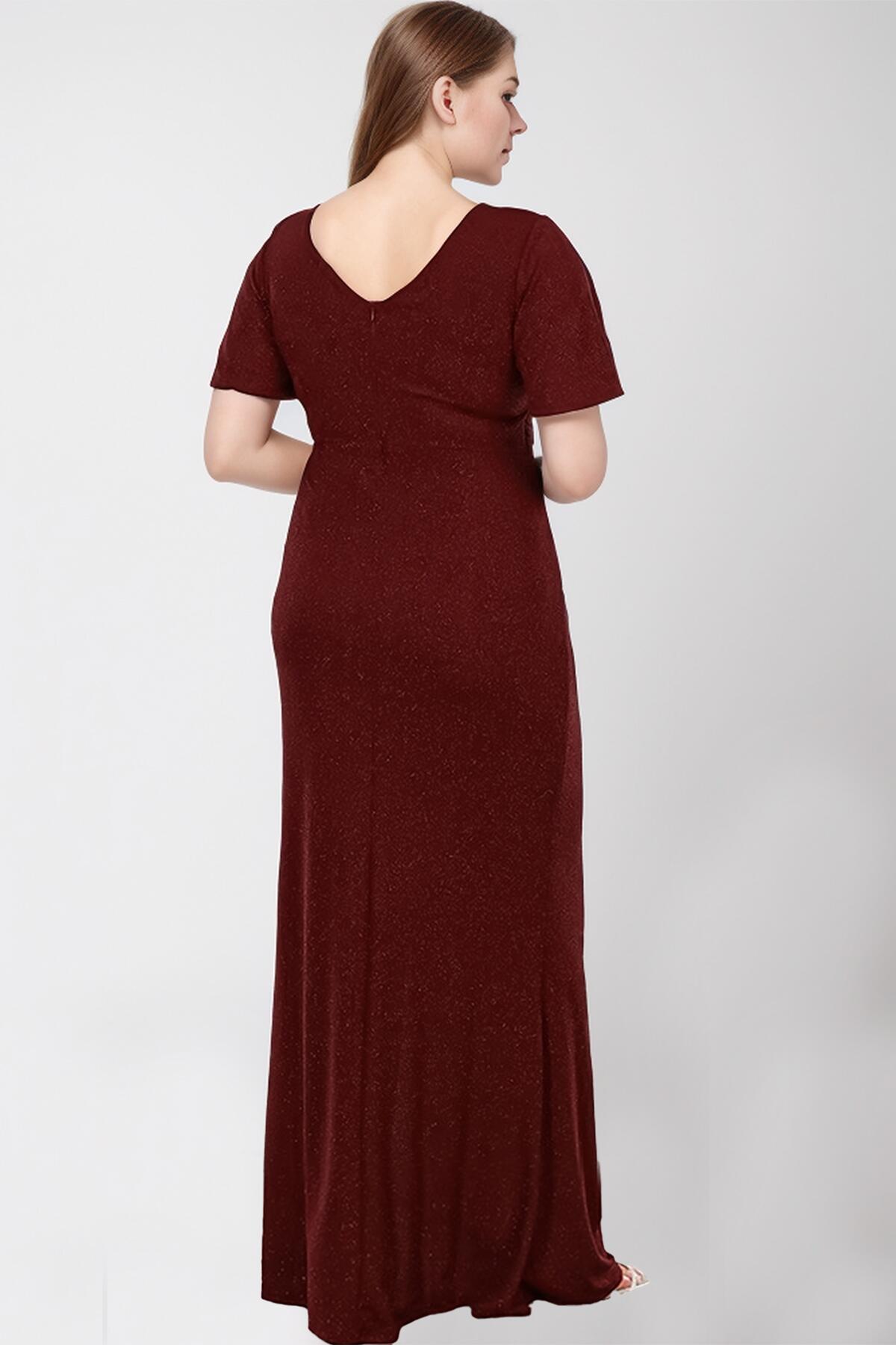 Große Größen V-Ausschnitt Glitzer Maxi-Kleid — Burgund
