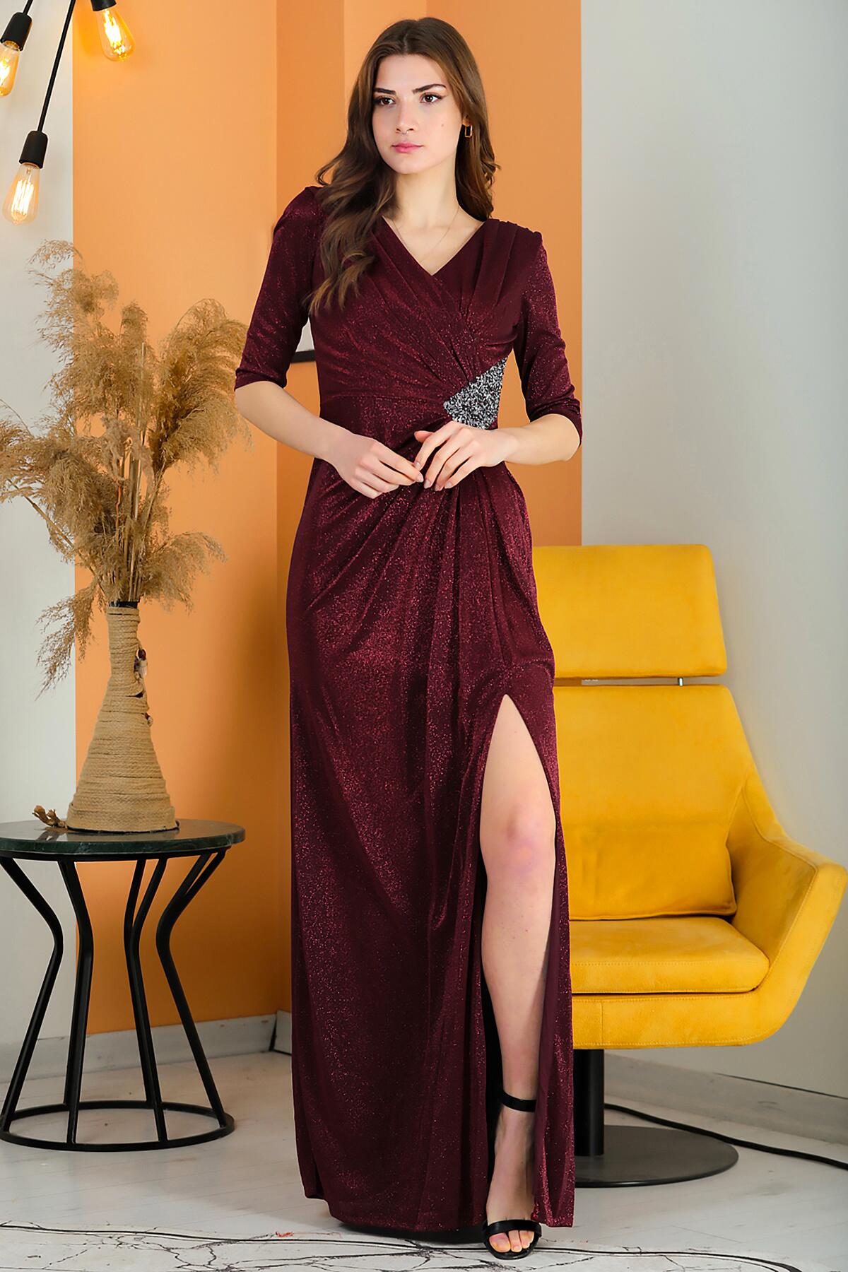 Glitzerndes langes Abendkleid mit V-Ausschnitt – Burgunderrot