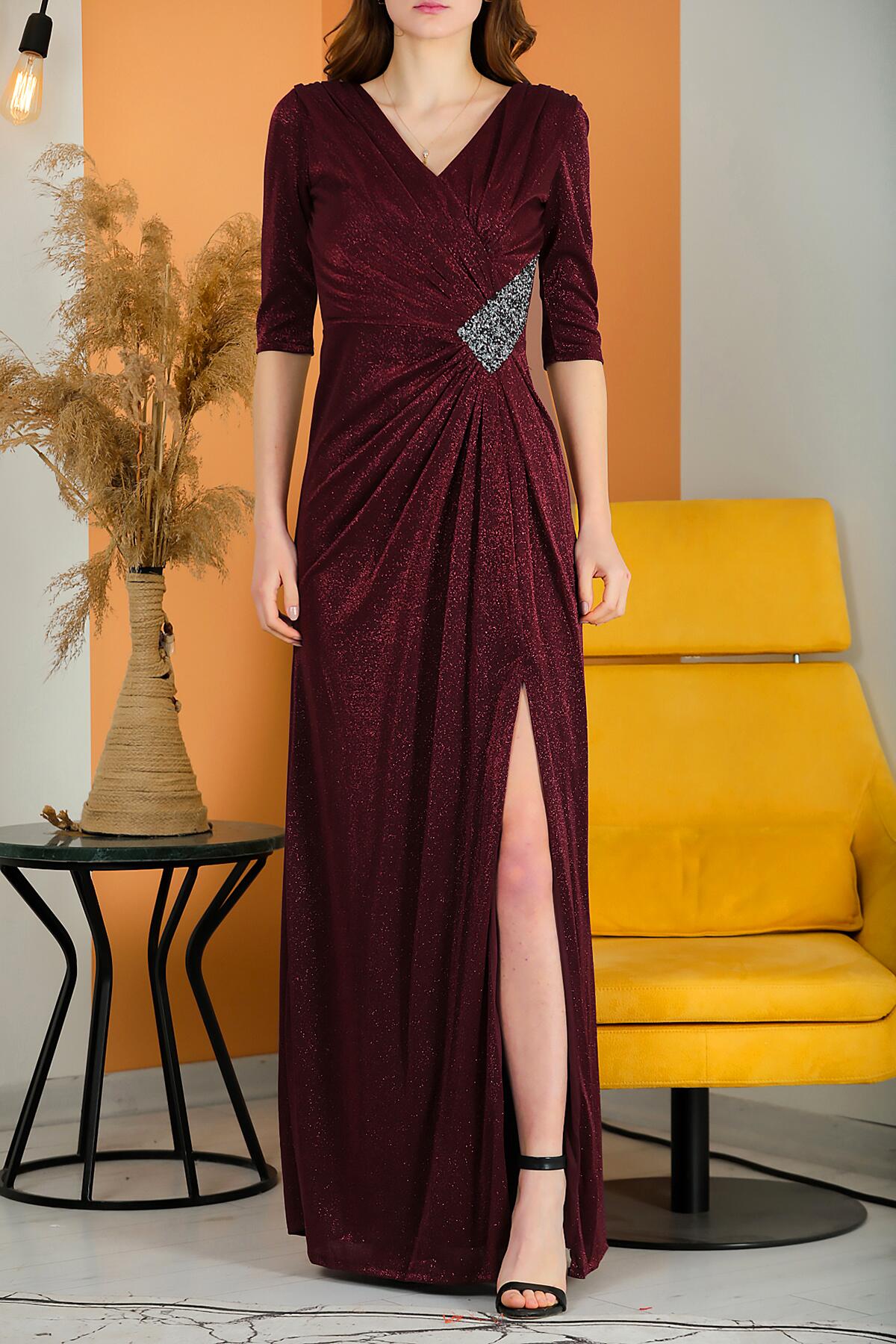 Glitzerndes langes Abendkleid mit V-Ausschnitt – Burgunderrot