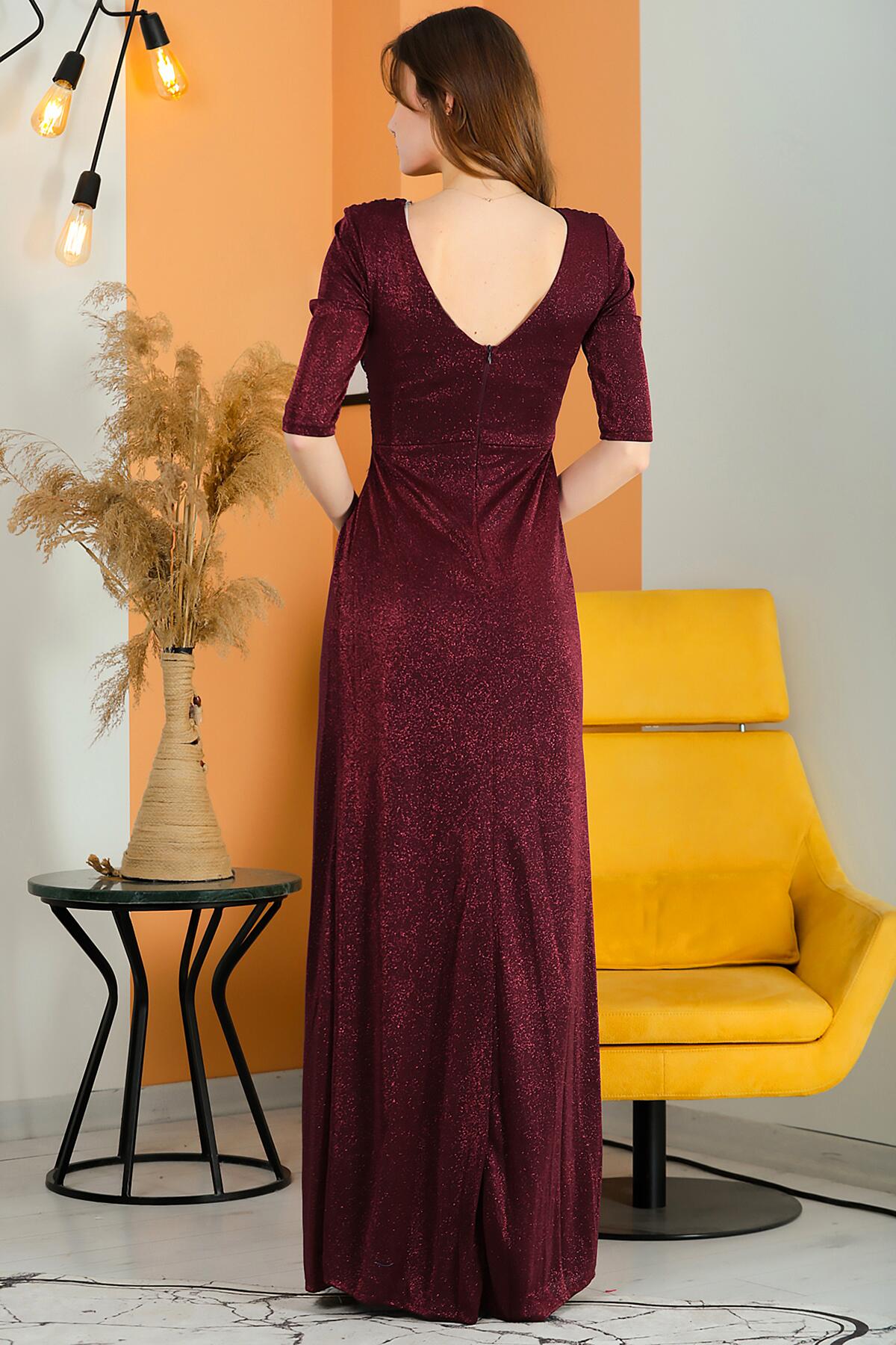 Glitzerndes langes Abendkleid mit V-Ausschnitt – Burgunderrot