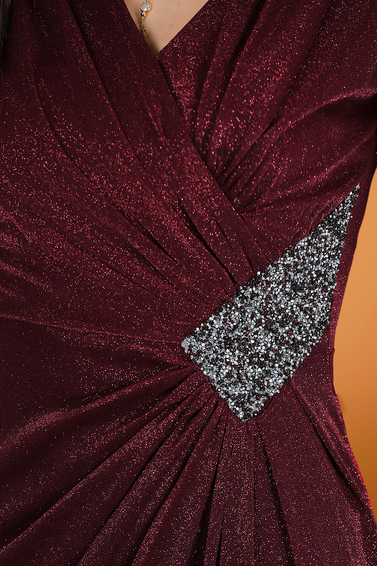 Glitzerndes langes Abendkleid mit V-Ausschnitt – Burgunderrot