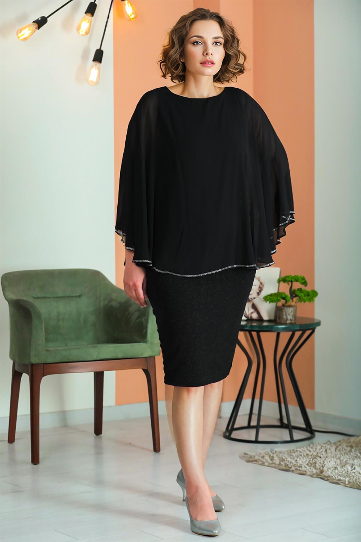 Plus - Size Chiffon Short Dress With Sparkle — Black