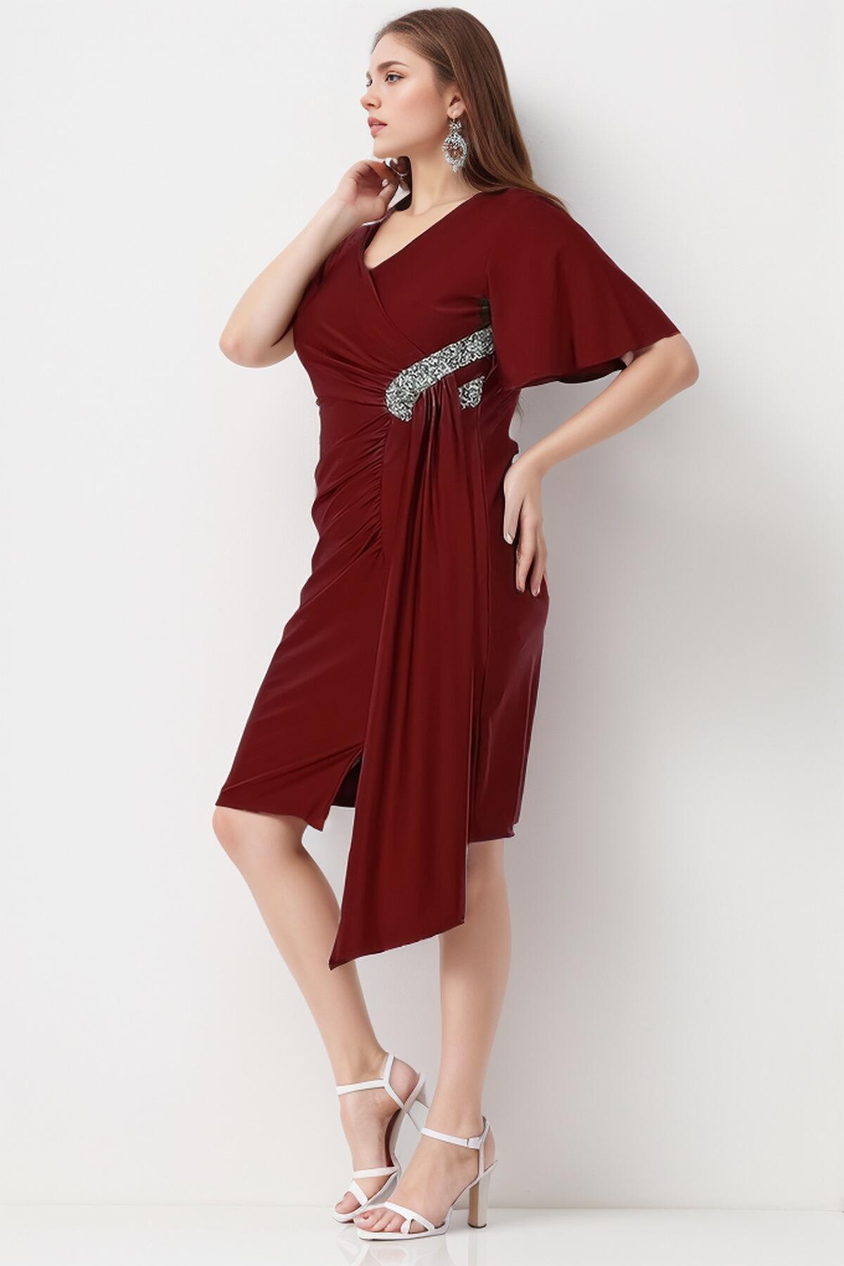 Plus - Size Satin Short Dress With Stone Detail — Burgundy