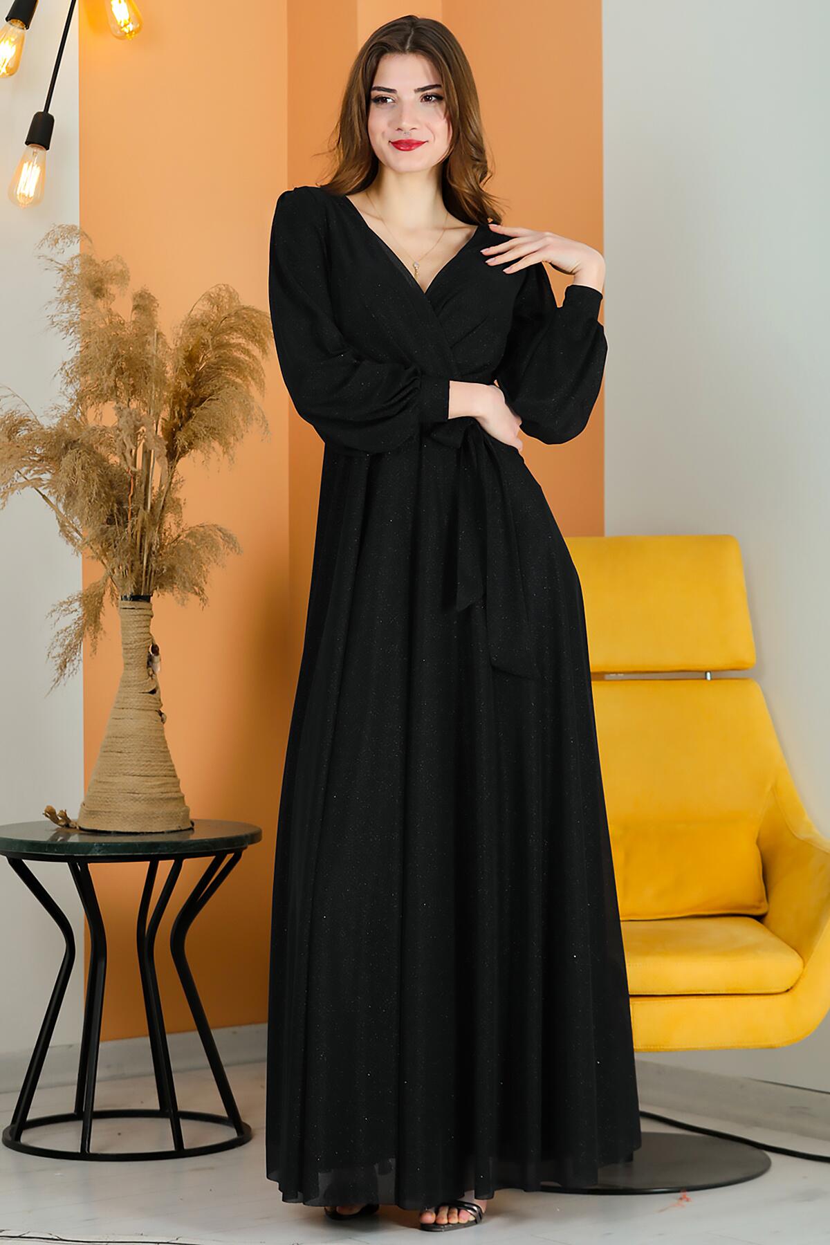 Glitter V - Neck Belted Evening Dress — Black