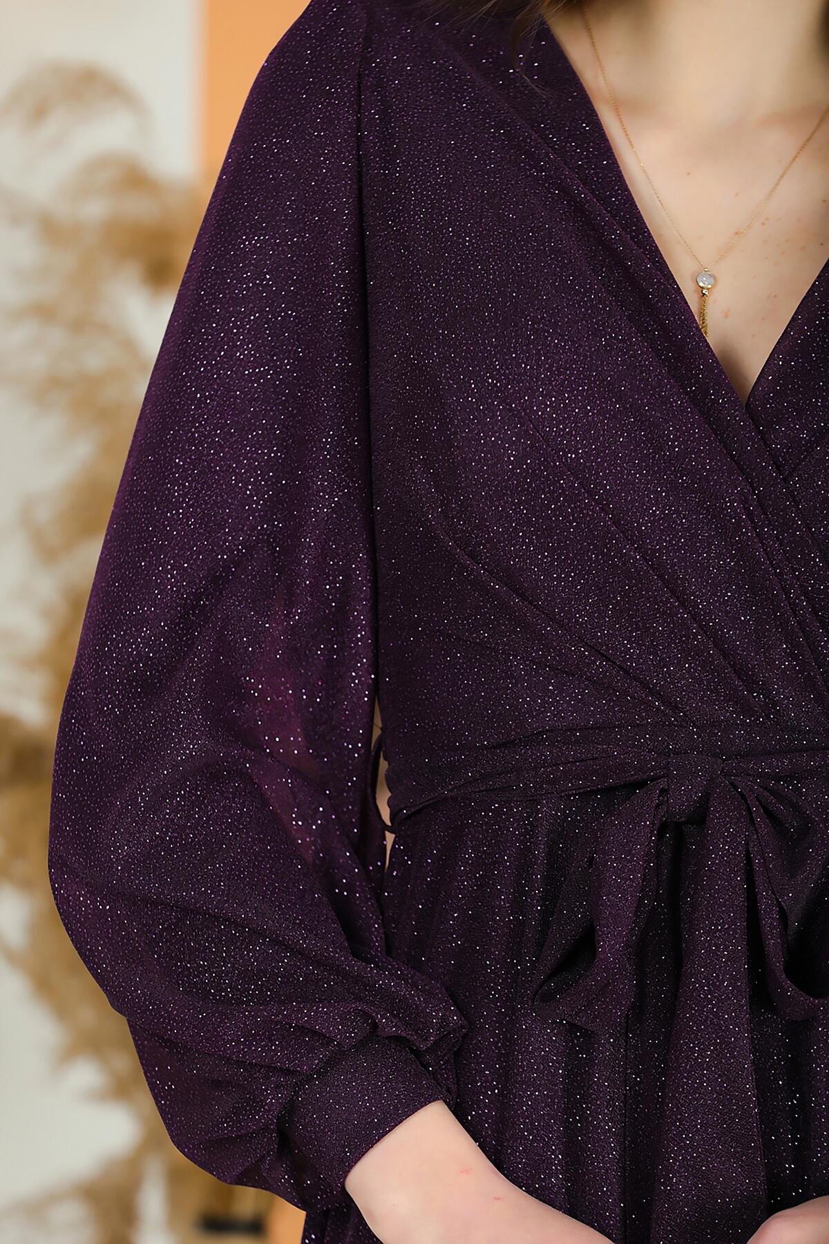 Glitzerndes Abendkleid mit V-Ausschnitt und Gürtel — Dunkelviolett
