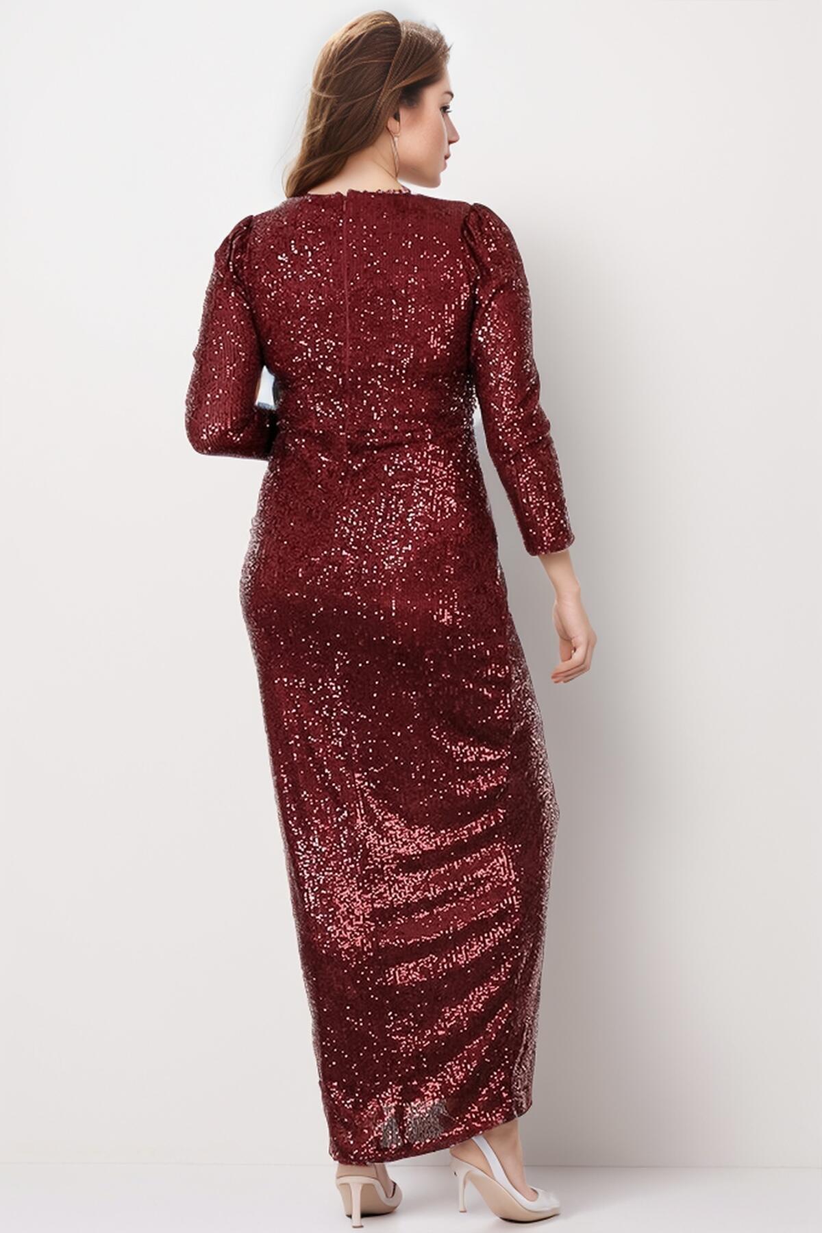 Große Größen Langes Pailletten-Abendkleid — Burgunderrot