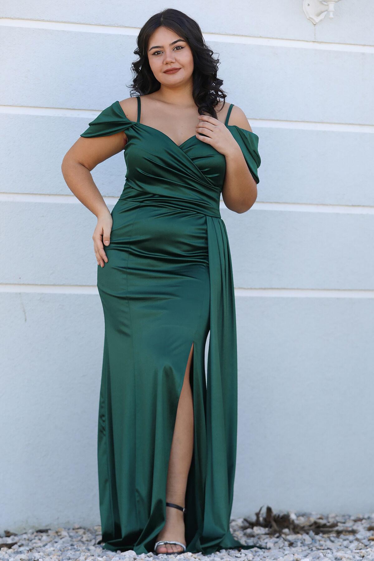 Plus - Size Satin Strappy Gown — Emerald