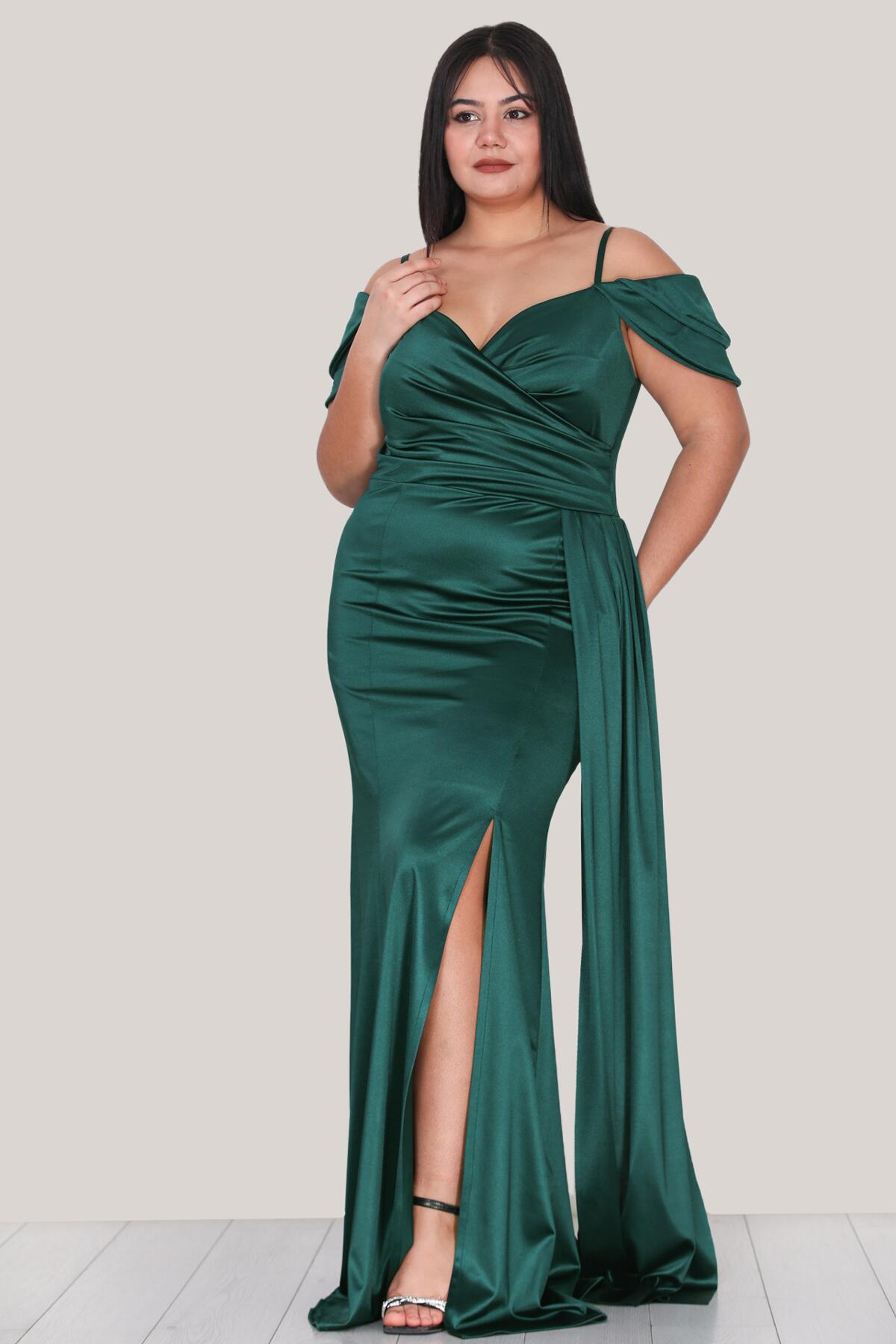 Plus - Size Satin Strappy Gown — Emerald