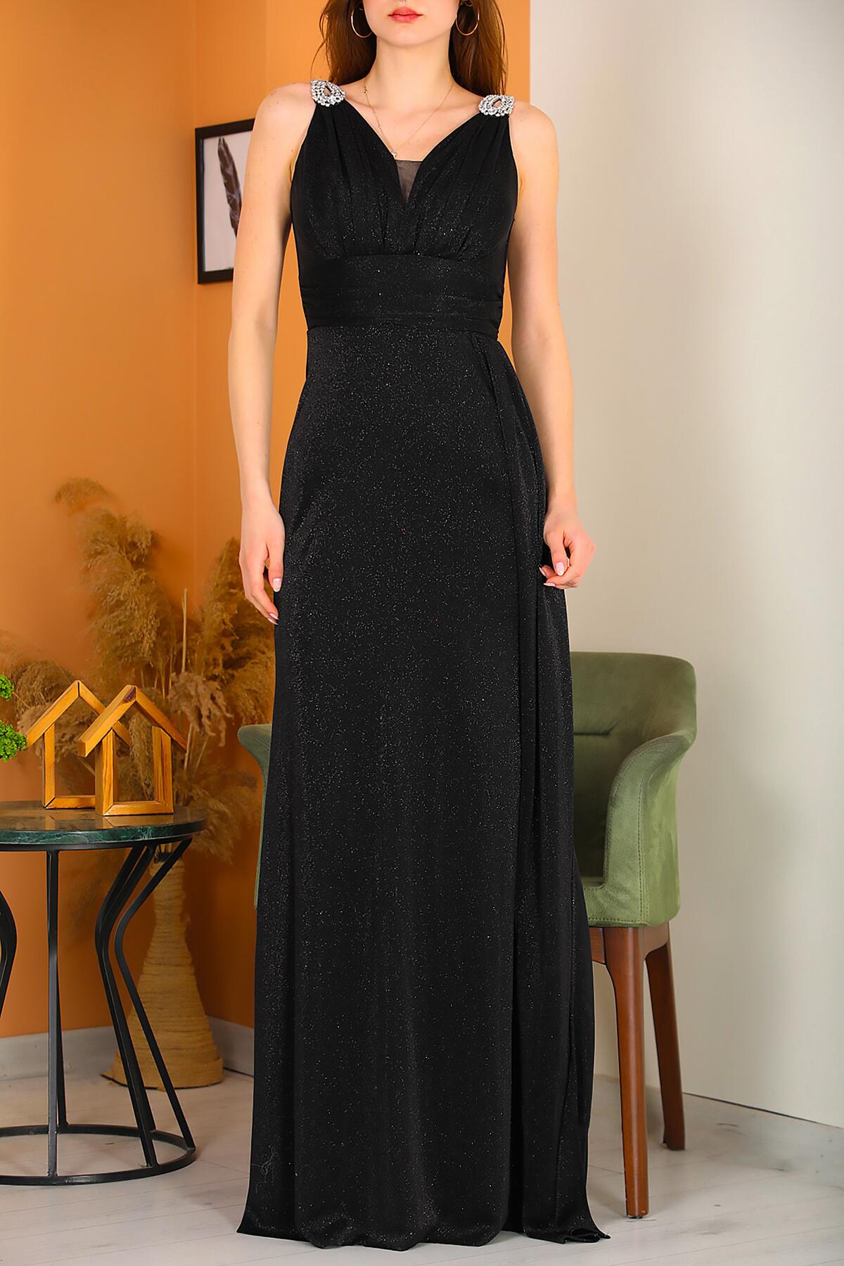 Langes Pailletten-Abendkleid mit Schulterdetail – Schwarz