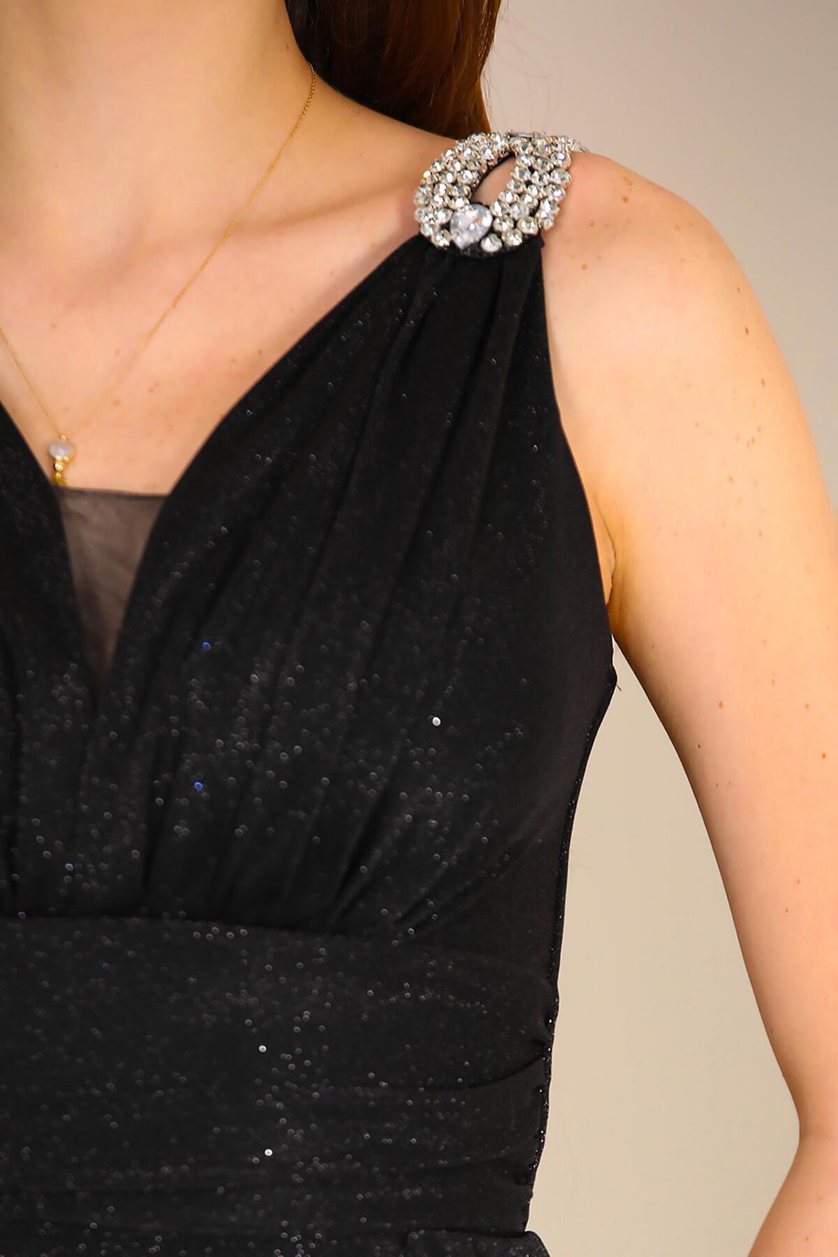 Langes Pailletten-Abendkleid mit Schulterdetail – Schwarz