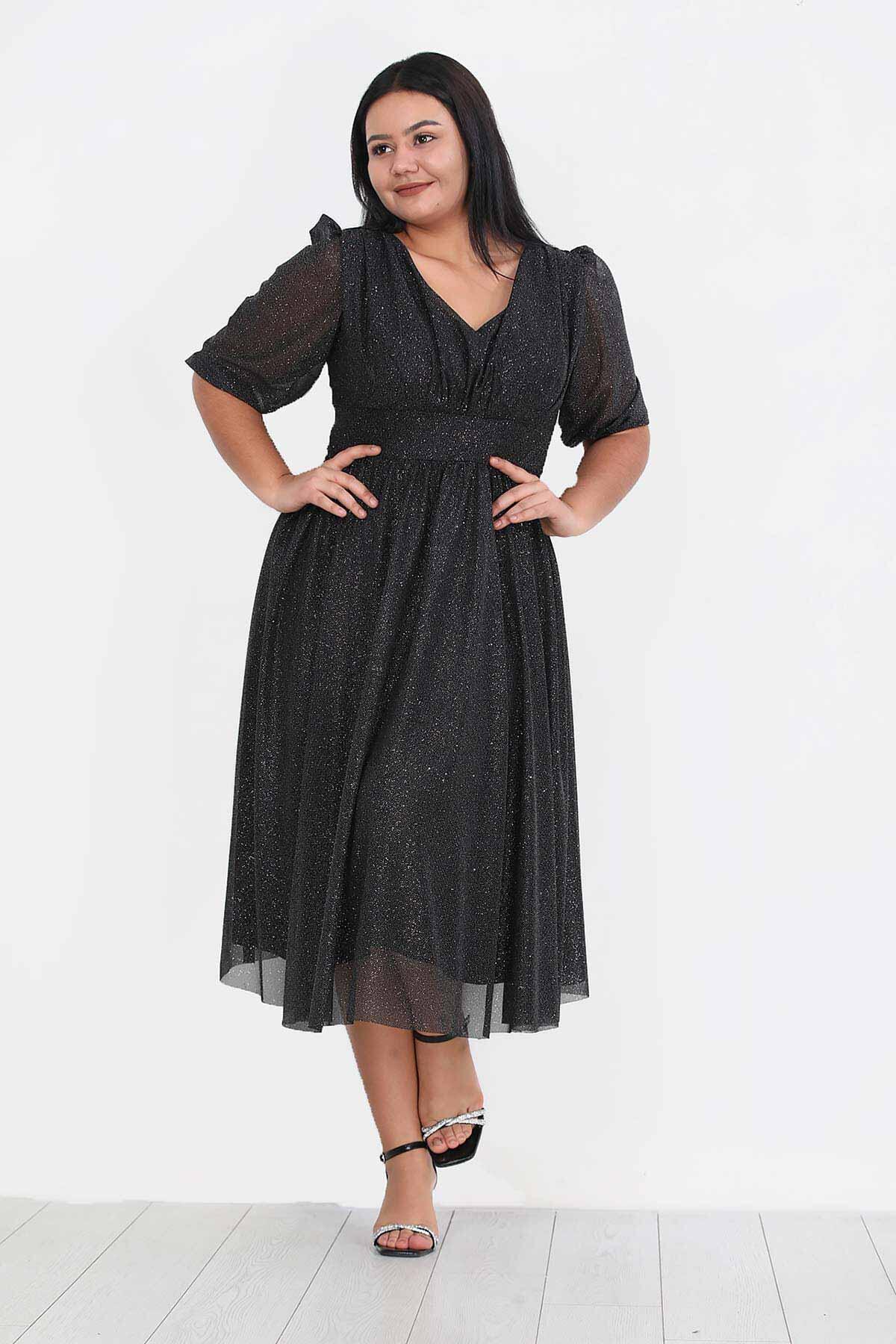 Große Größen Abendkleid mit Falten an der Taille, Schwarz