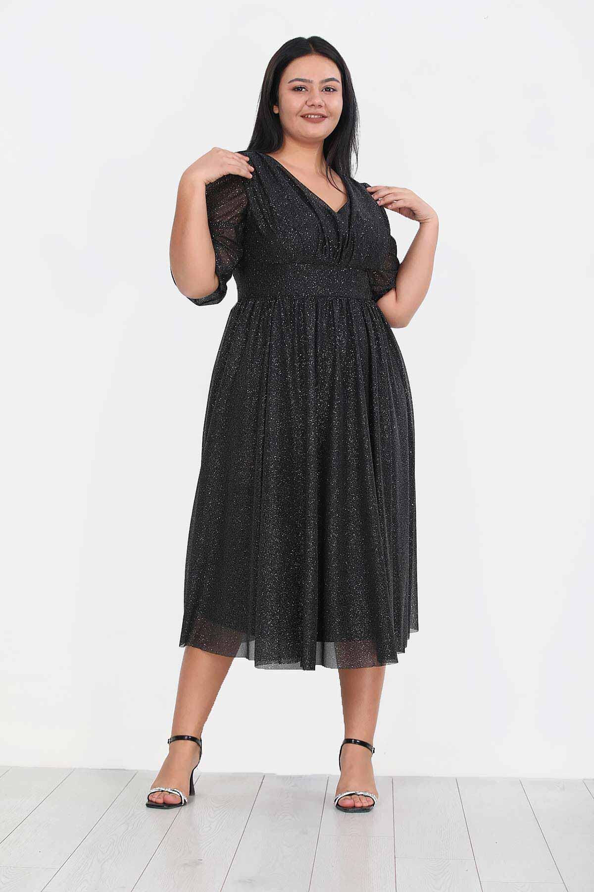 Große Größen Abendkleid mit Falten an der Taille, Schwarz