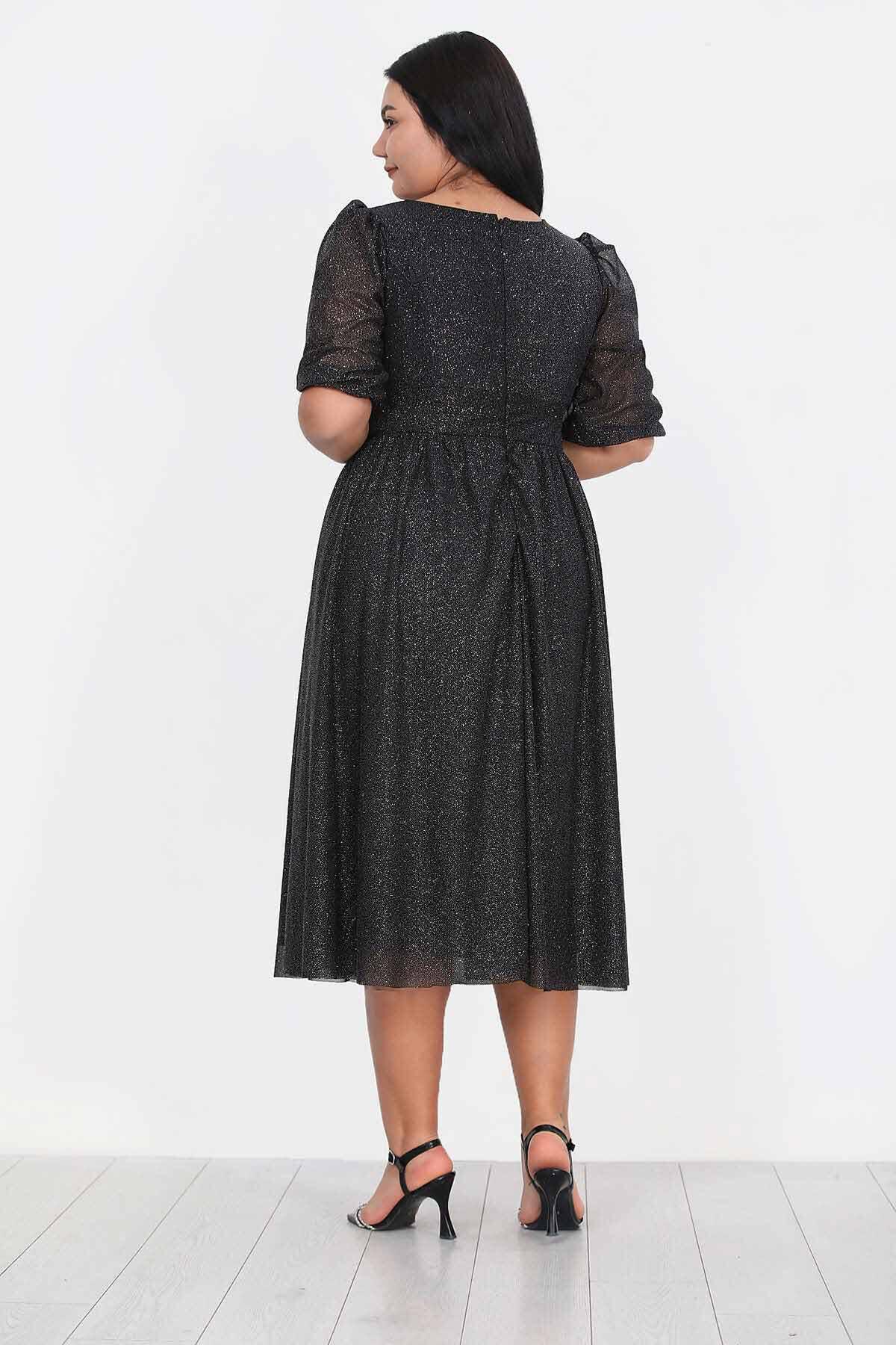 Große Größen Abendkleid mit Falten an der Taille, Schwarz