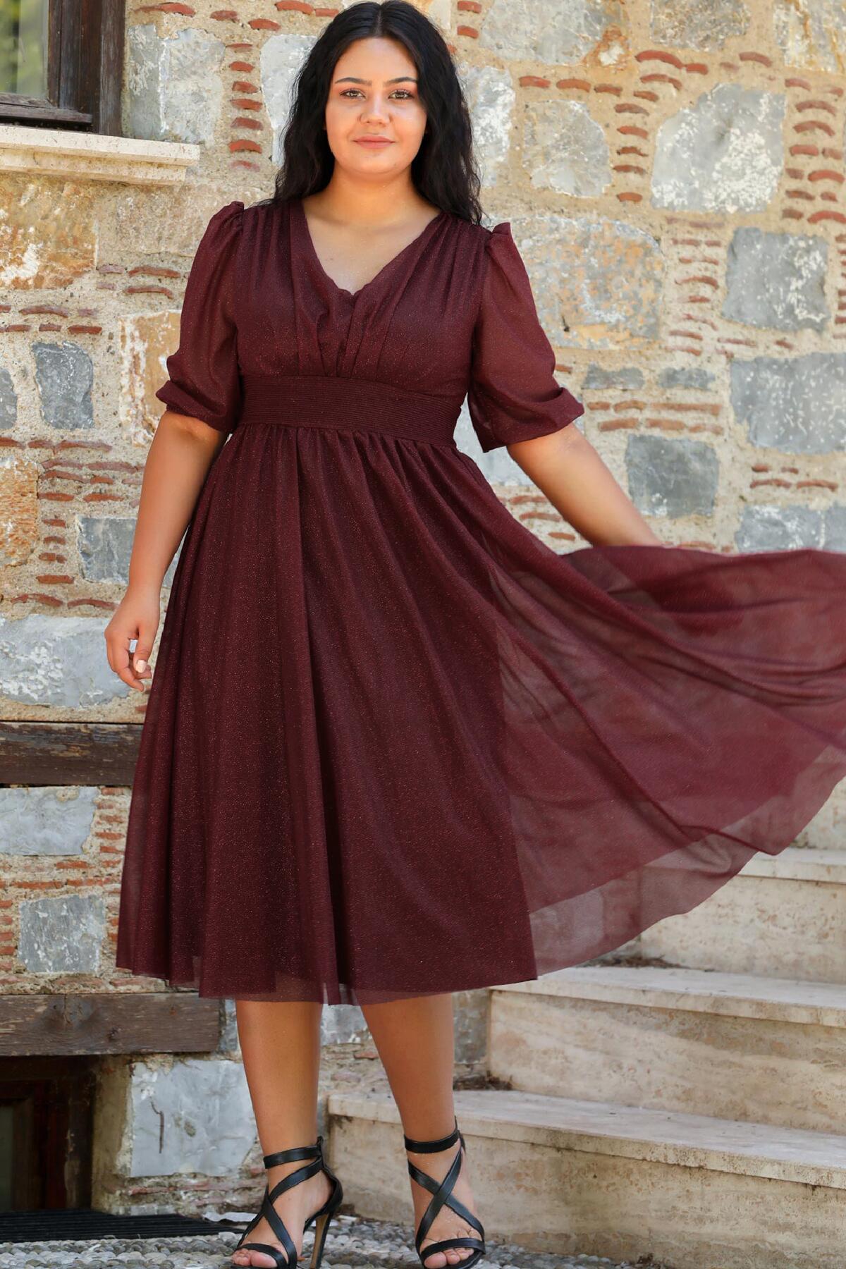 Plus - Size Pleated Waist Evening Dress, Burgundy