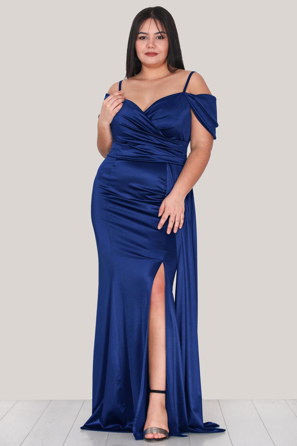 Plus ‑ Size Satin Strappy Evening Dress — Royal Blue