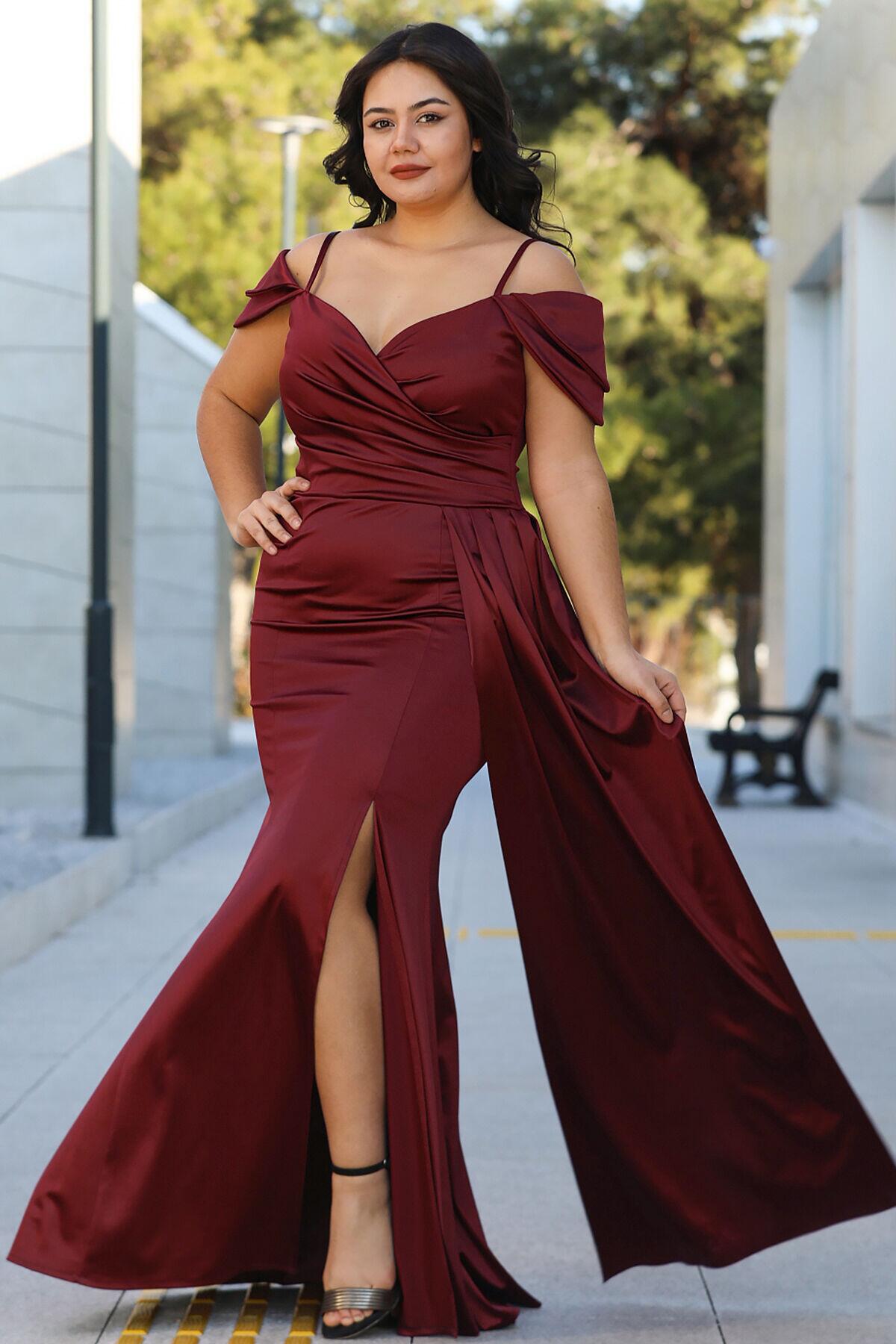 Plus - Size Strappy Satin Evening Dress — Burgundy