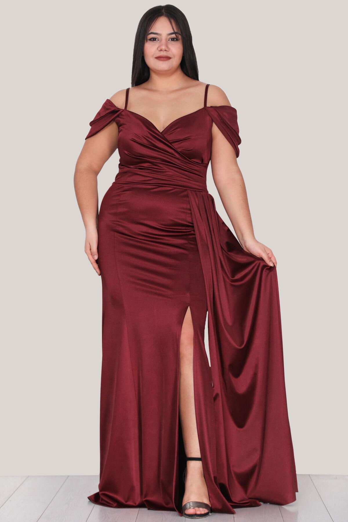 Große Größen Trägerloses Satin-Abendkleid – Burgund