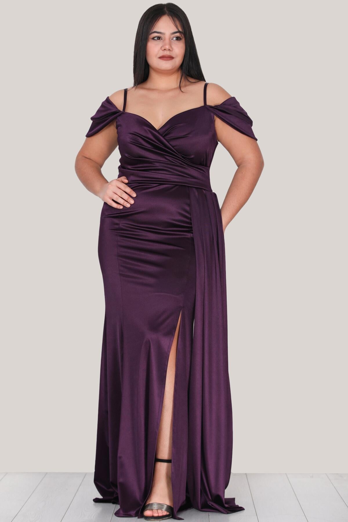 Plus - Size Strappy Satin Evening Dress — Dark Purple