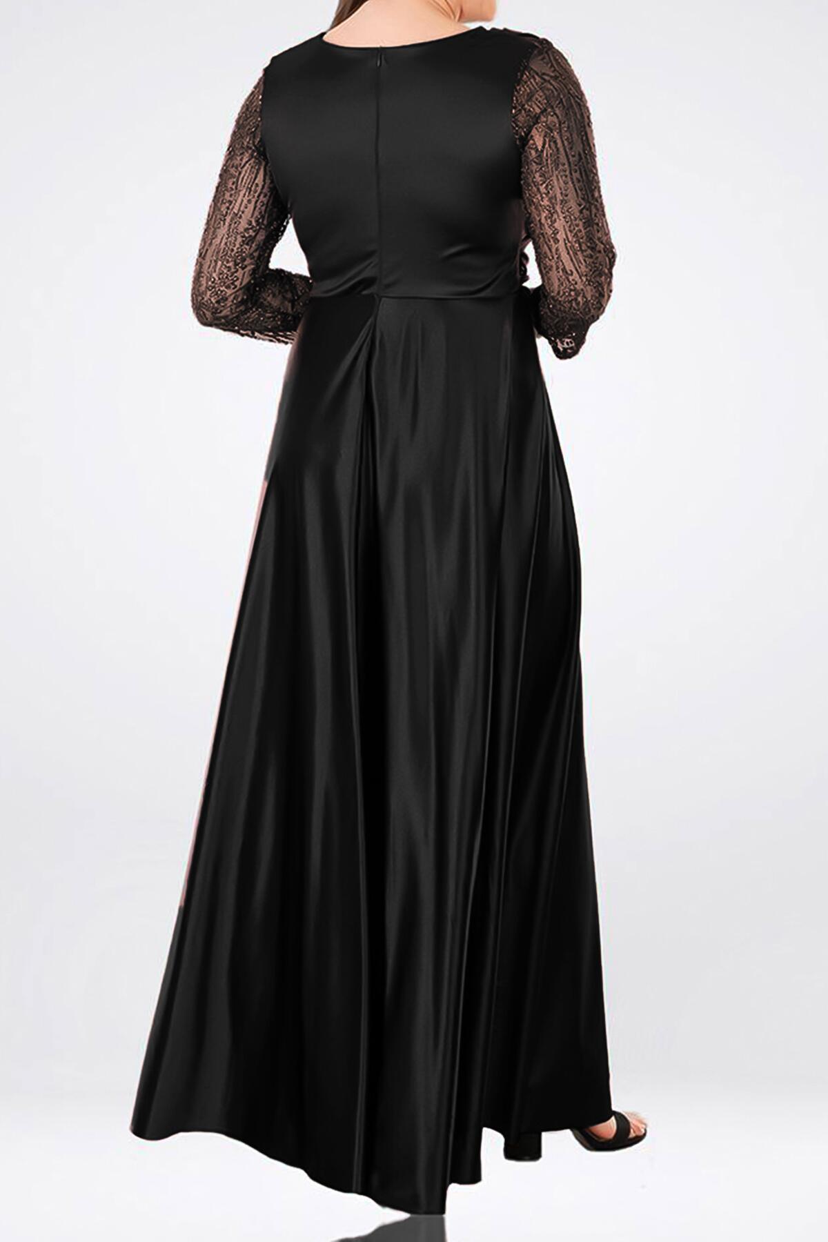 Große Größen Satin Langes Abendkleid — Schwarz