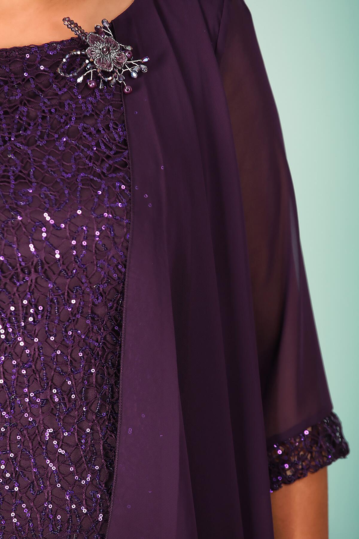 Plus‑Size Chiffon Sequin Evening Dress — Dark Purple