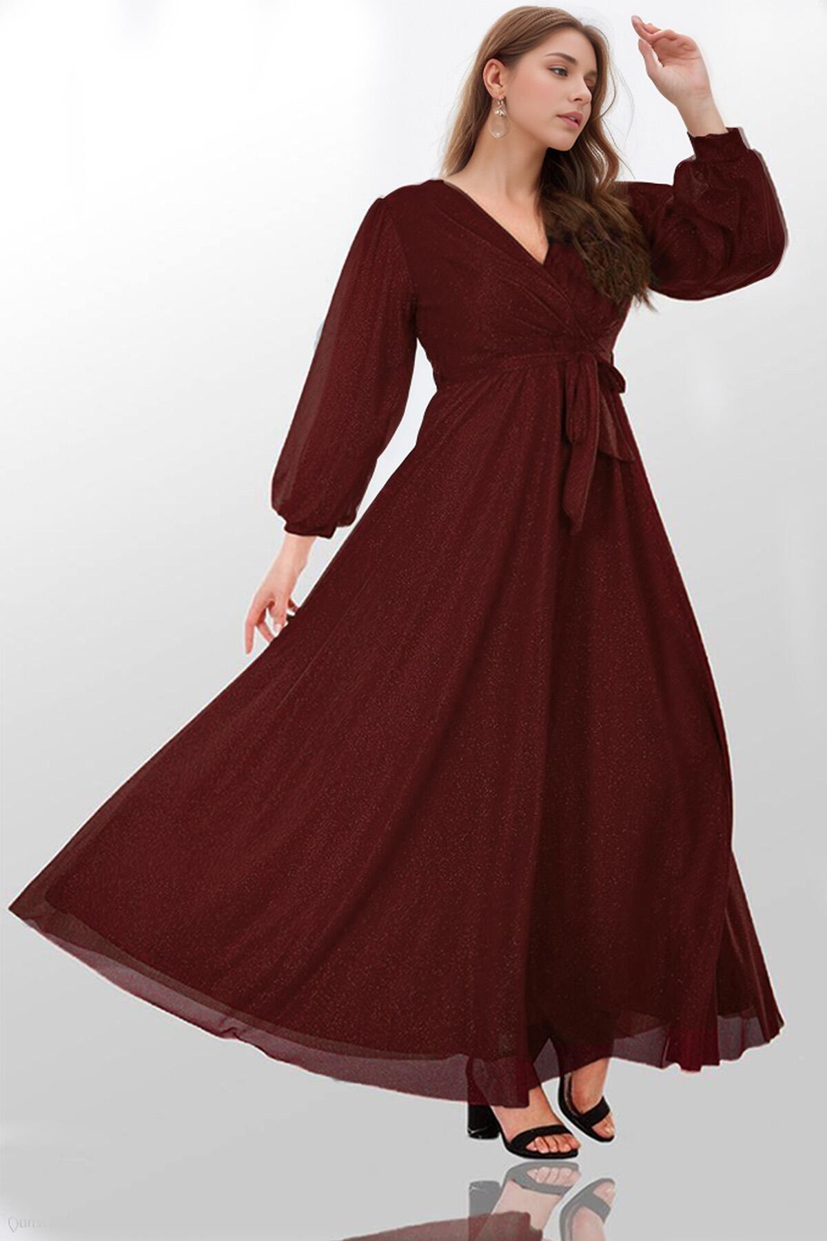 Plus - Size Long Shimmer Evening Dress – Burgundy
