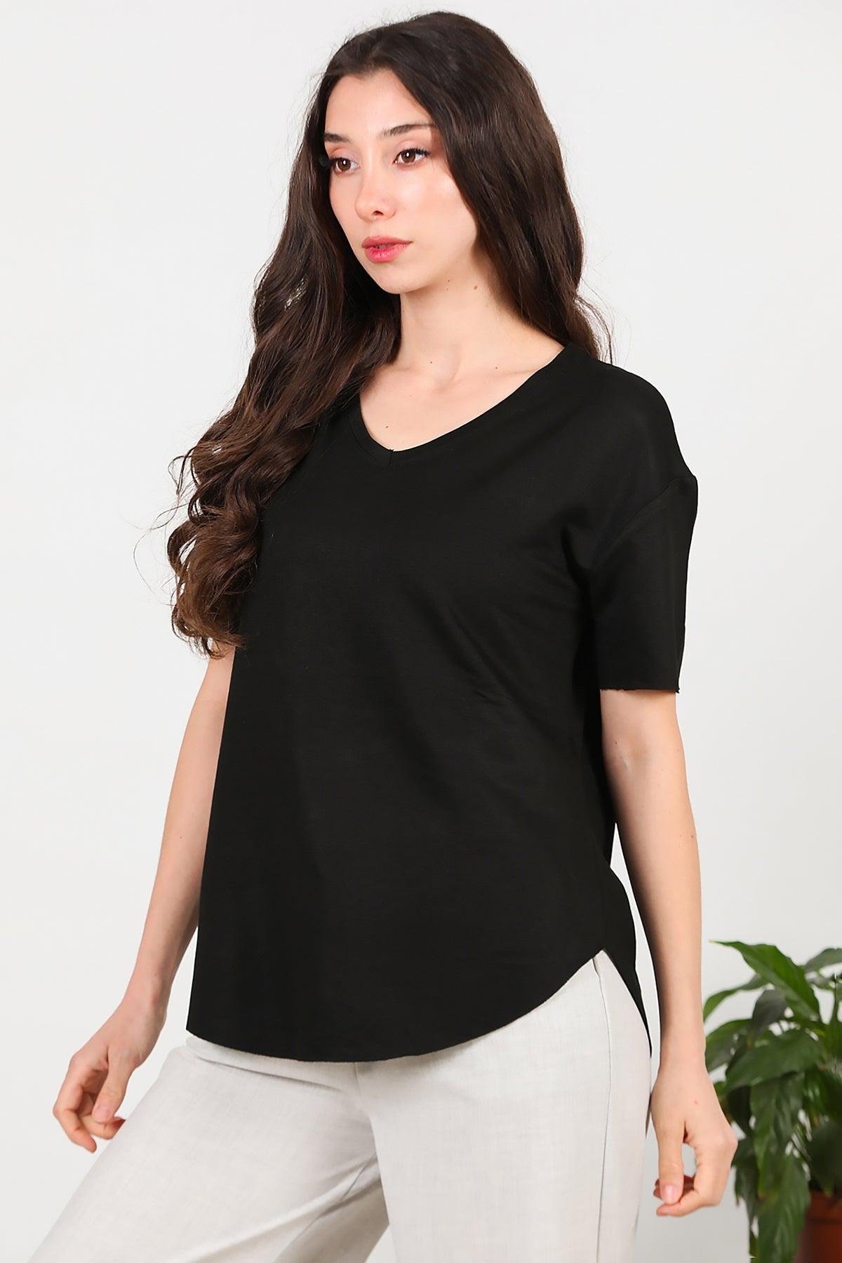 V - Neck T - Shirt With Oval Hem — Black