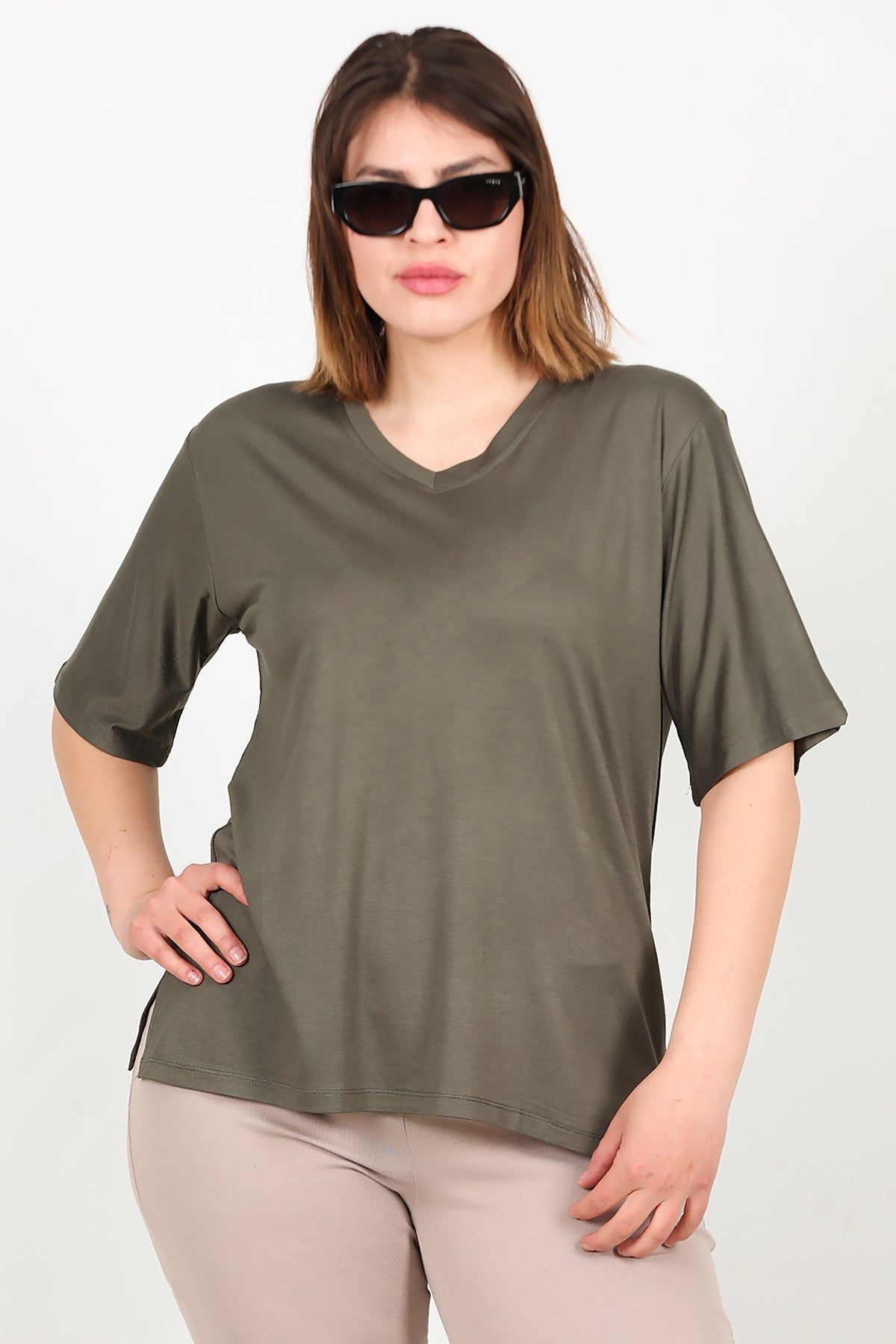 Plus - Size Short - Sleeve Blouse In Khaki