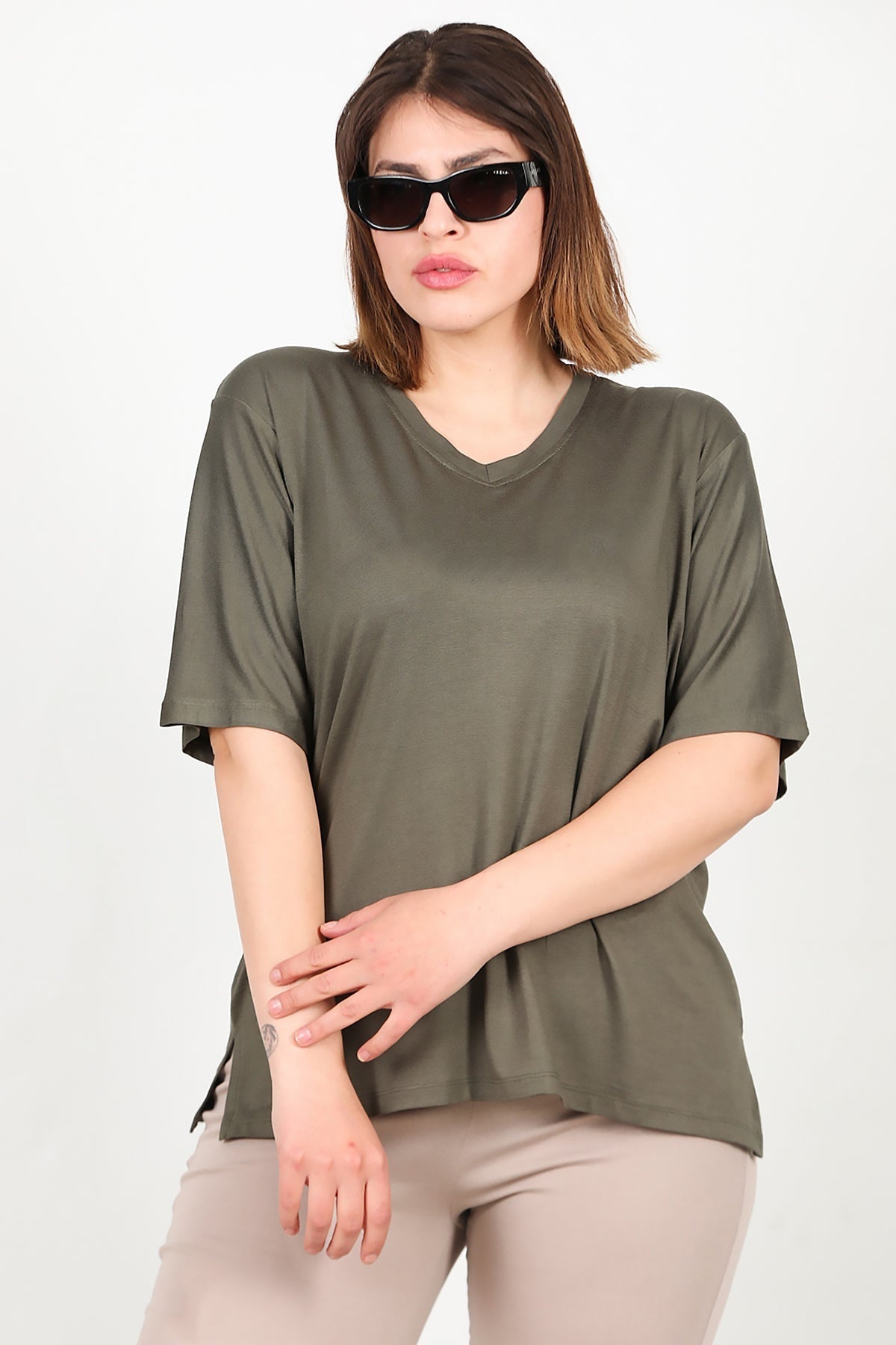 Plus - Size Short - Sleeve Blouse In Khaki