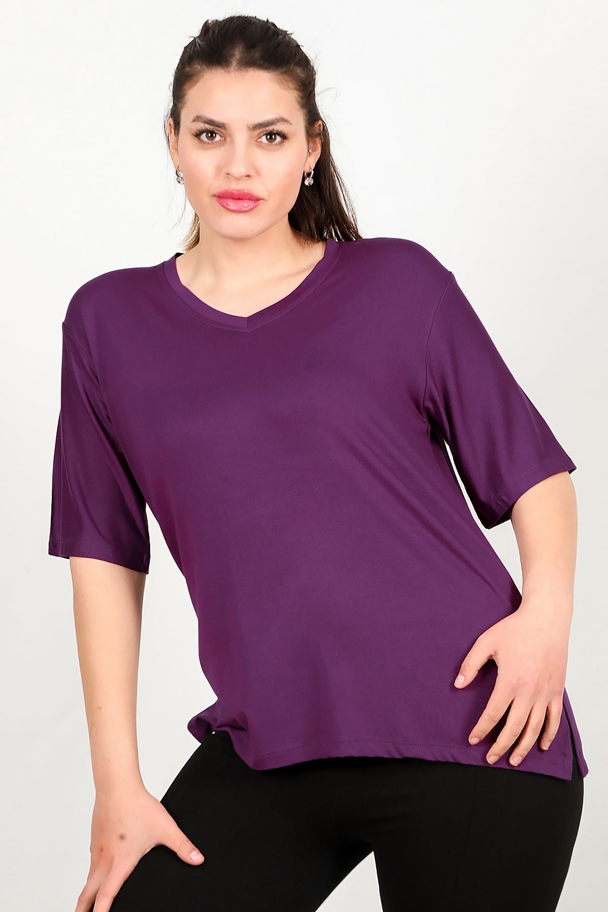 Plus - Size Short - Sleeve Blouse - Purple