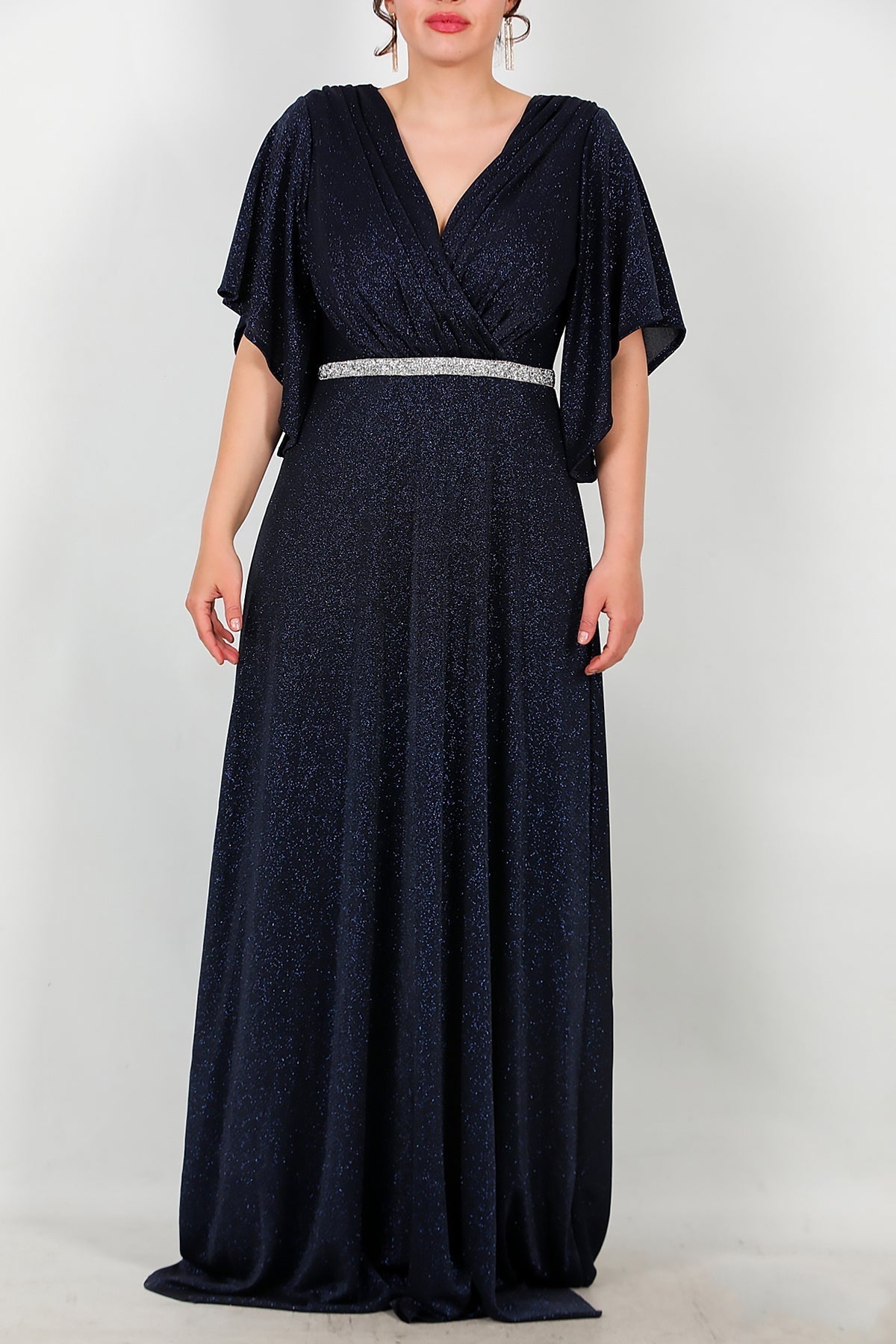 Großes, langes Abendkleid mit Taillenverzierung aus Steinen – Marineblau