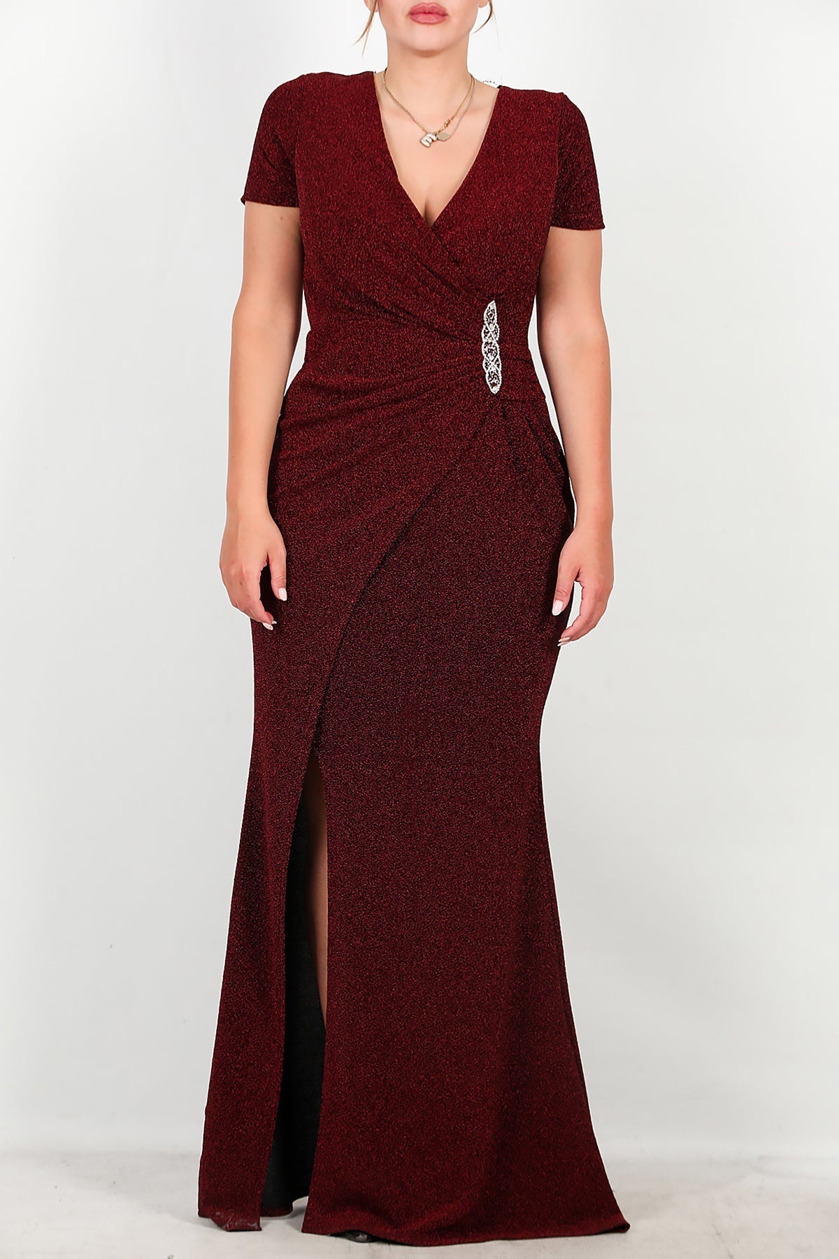 Glitzerndes Abendkleid in großen Größen mit Perlenstickerei an der Taille – Burgunderrot