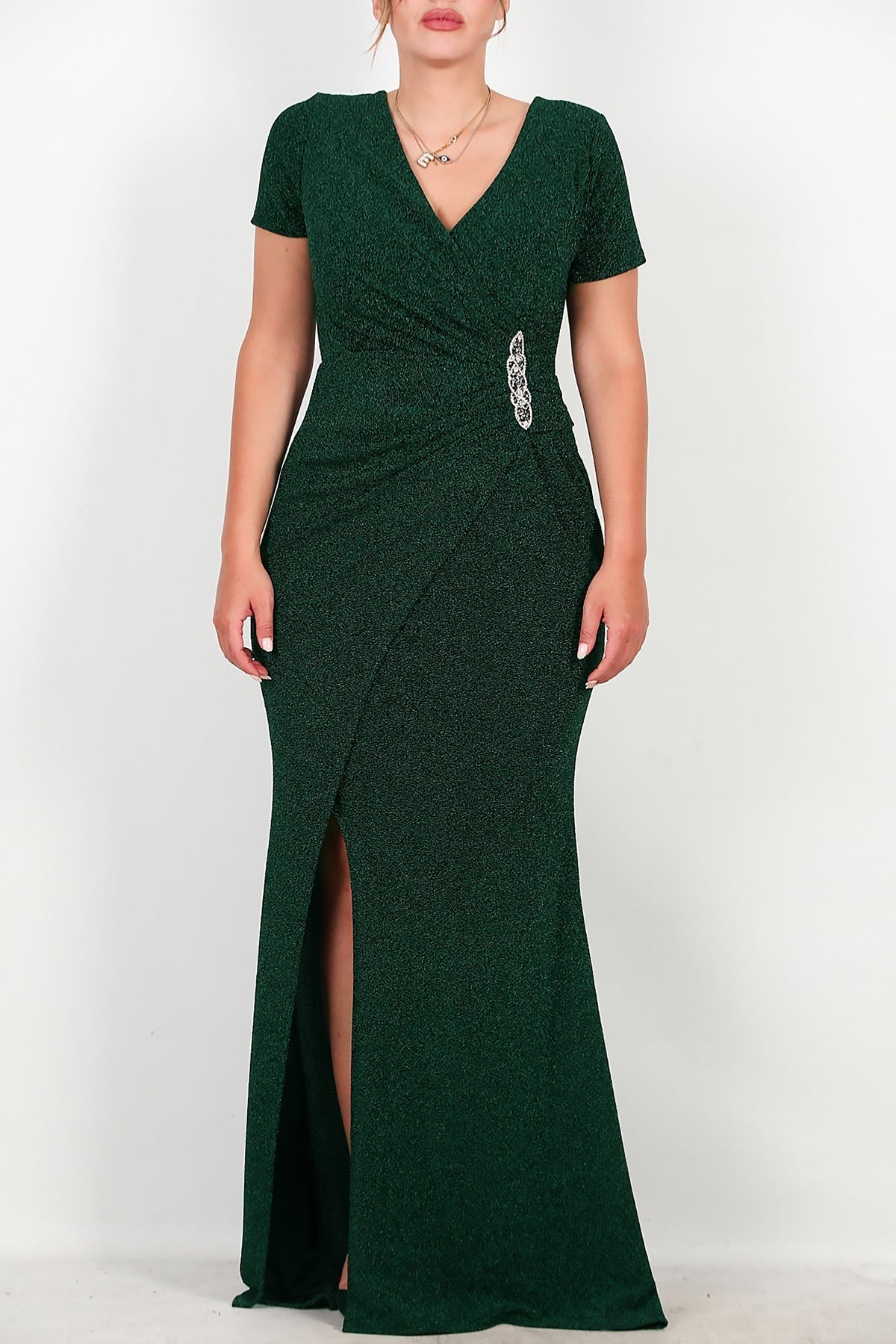 Glitzerndes Abendkleid in großen Größen mit Perlenstickerei an der Taille — Smaragdgrün