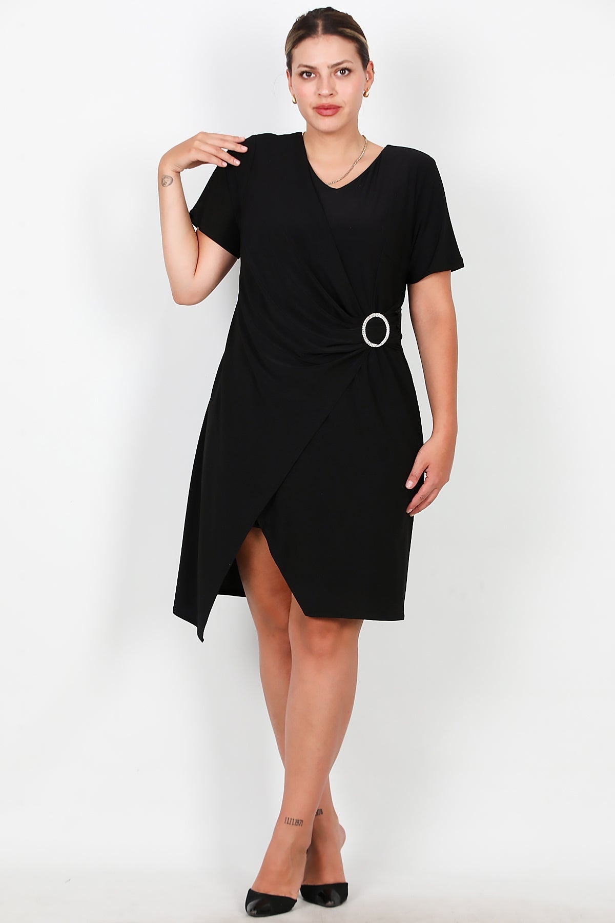 Plus - Size Short Evening Dress With Waist Buckle, Black