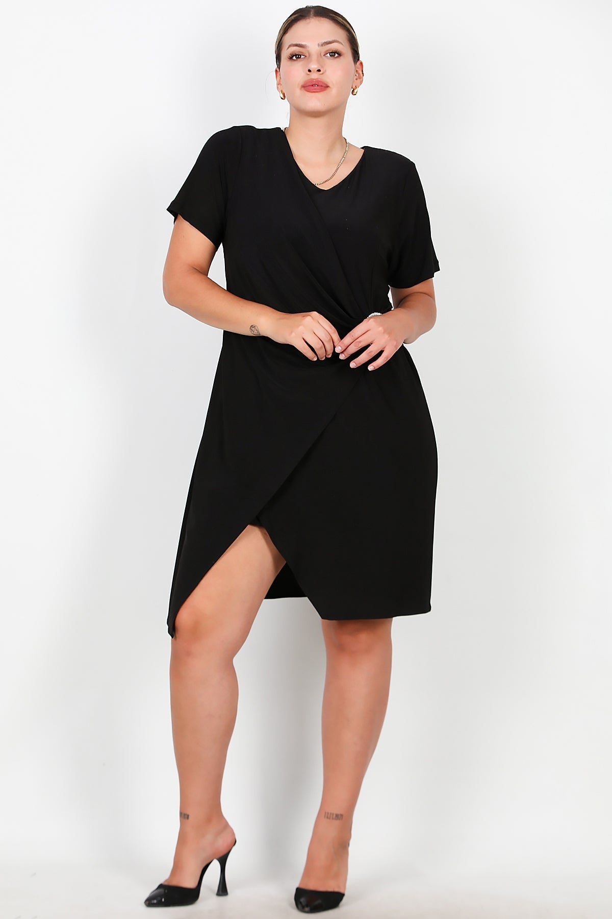 Plus - Size Short Evening Dress With Waist Buckle, Black