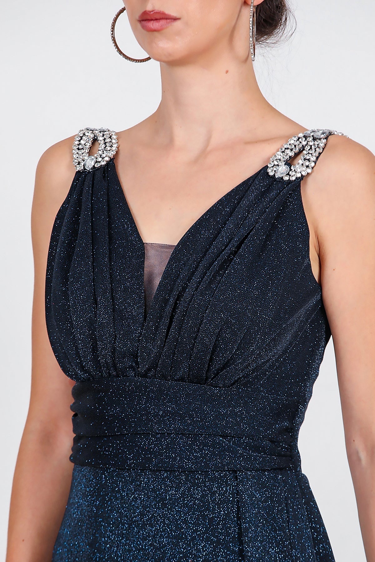 Funkelndes Maxi-Abendkleid mit Schulterdetails – Marineblau