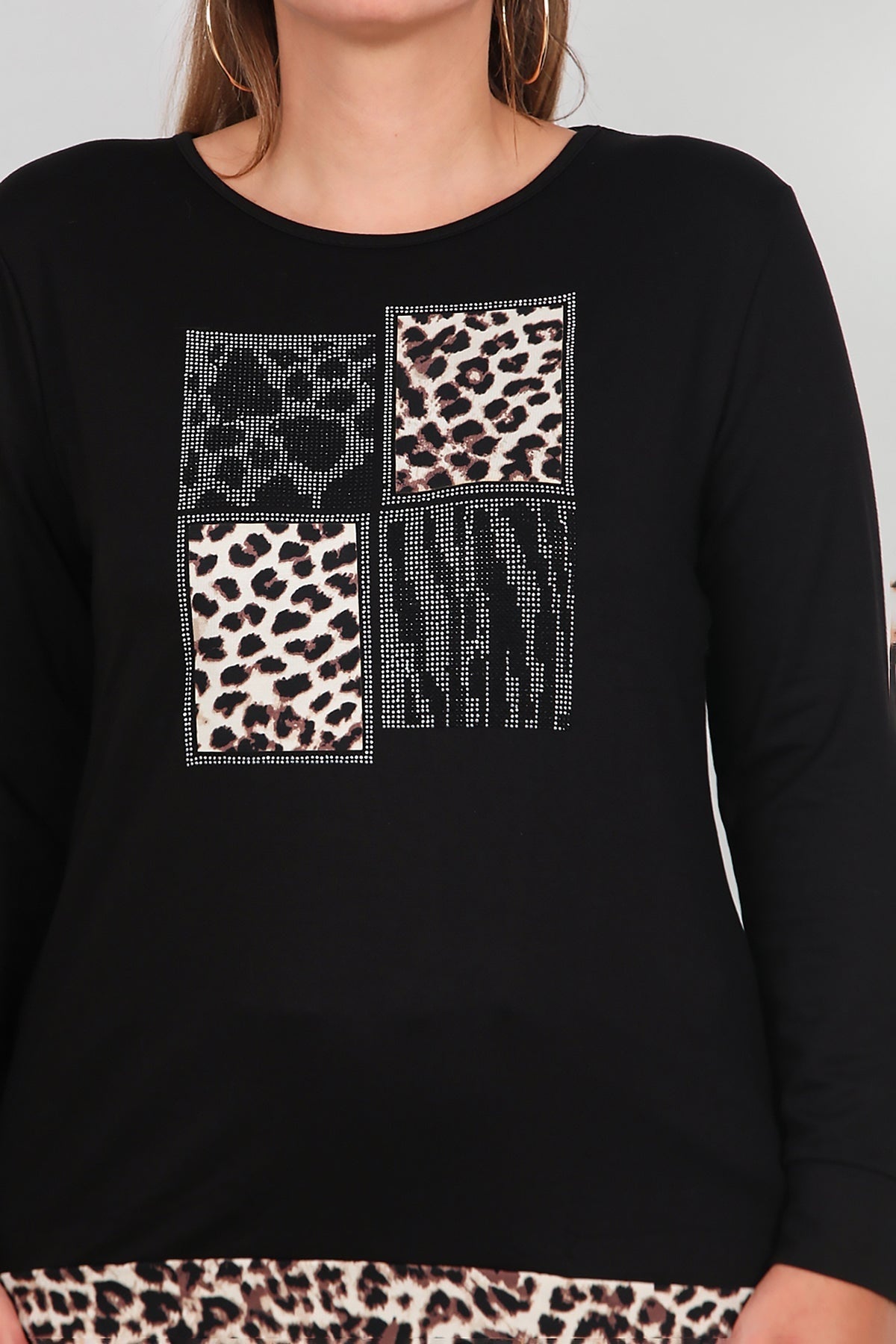 Große Größen Leopard Set mit Steinbesatz, Schwarz
