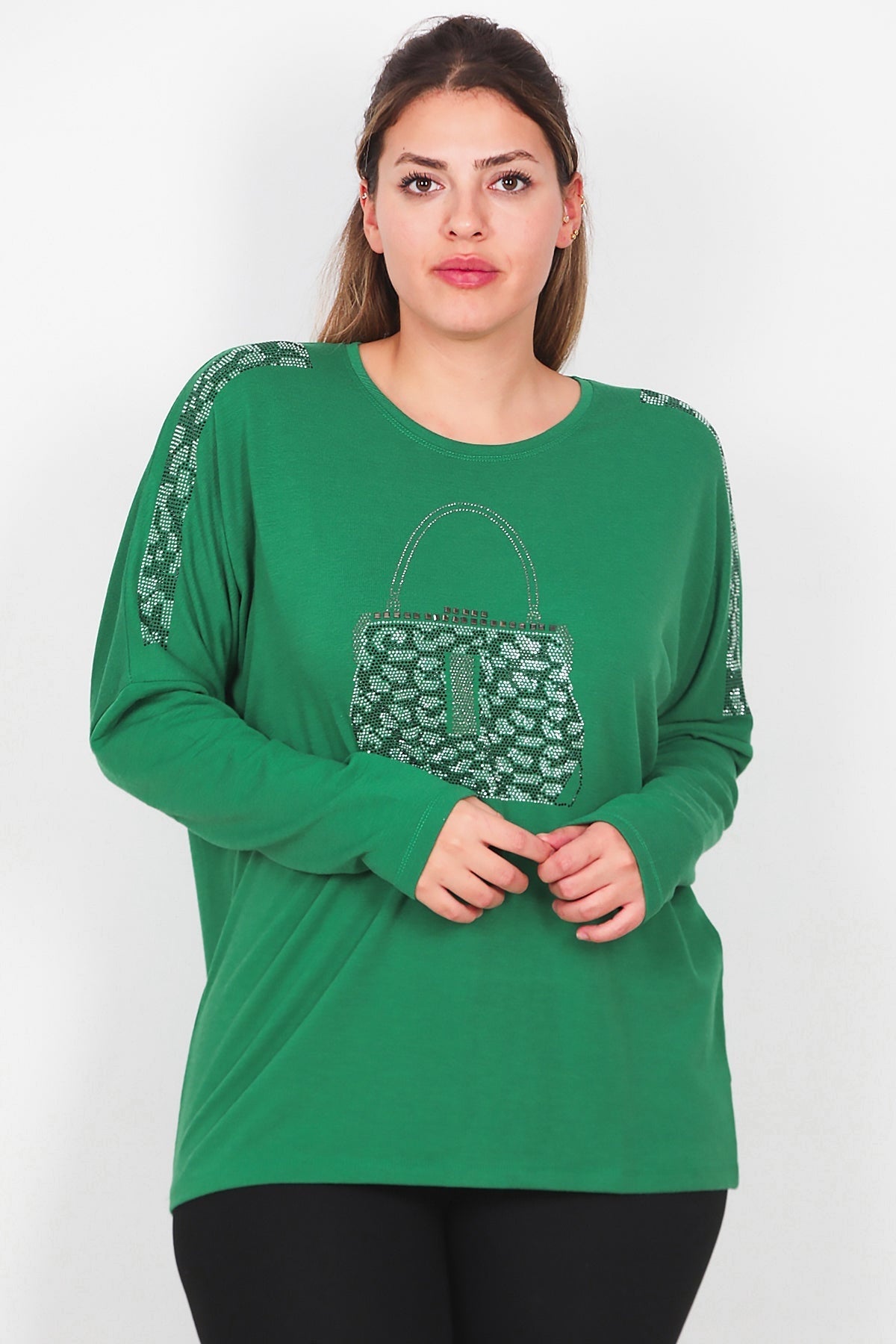 Plus - Size Printed Long - Sleeve Blouse With Front Pocket — Green