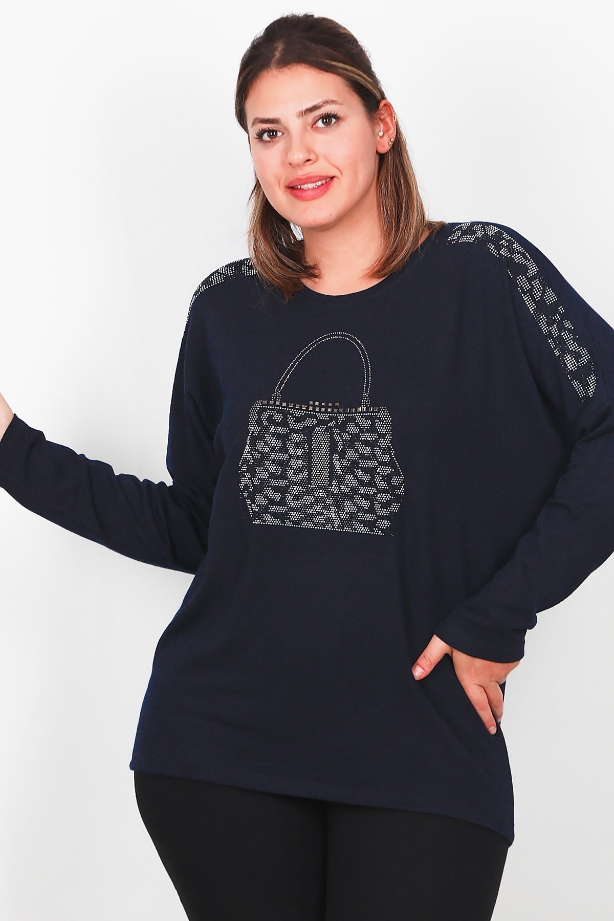 Plus - Size Long - Sleeve Blouse With Front Pocket — Navy