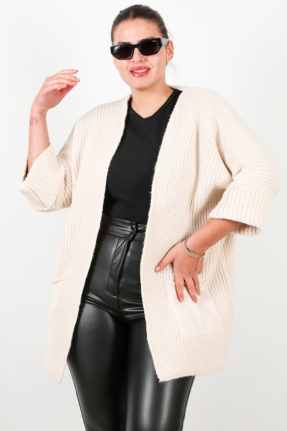 Plus - Size Pocket Cardigan — Stone