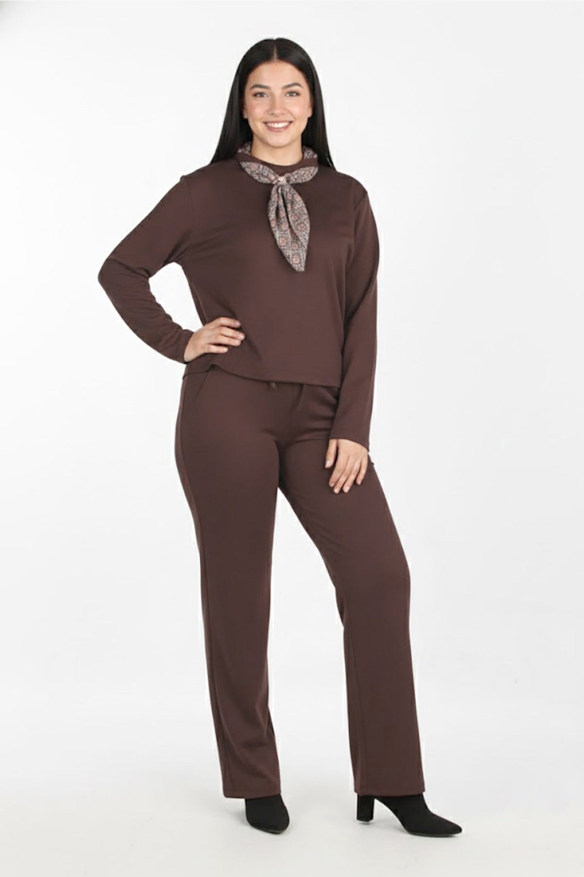 Women's Brown Two - Piece Set With Scarf