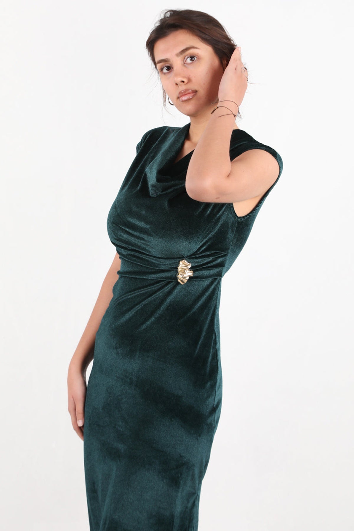 Langes Samtkleid mit Clip-Detail – Smaragd