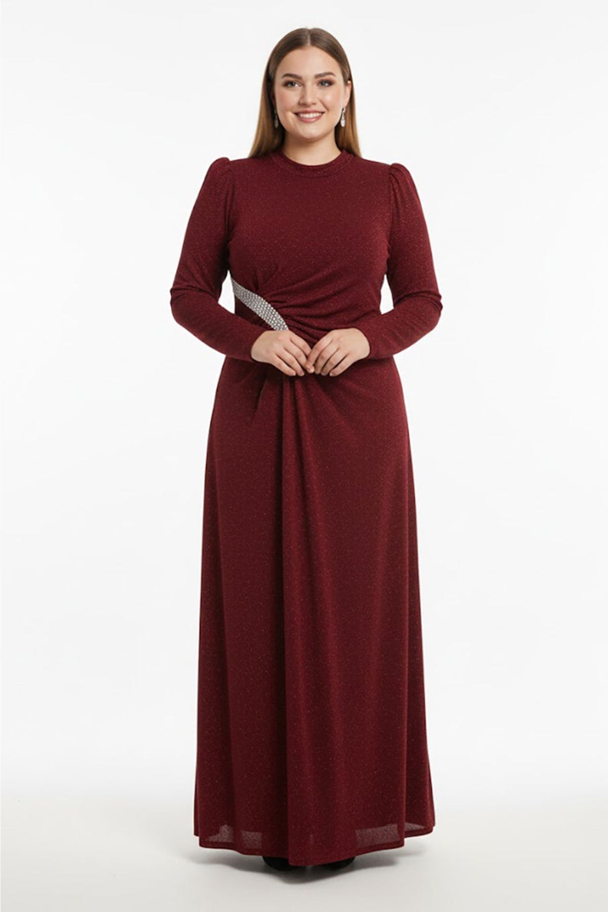 Plus‑Size Long‑Sleeve Evening Dress With Stone‑Embellished Waist — Burgundy