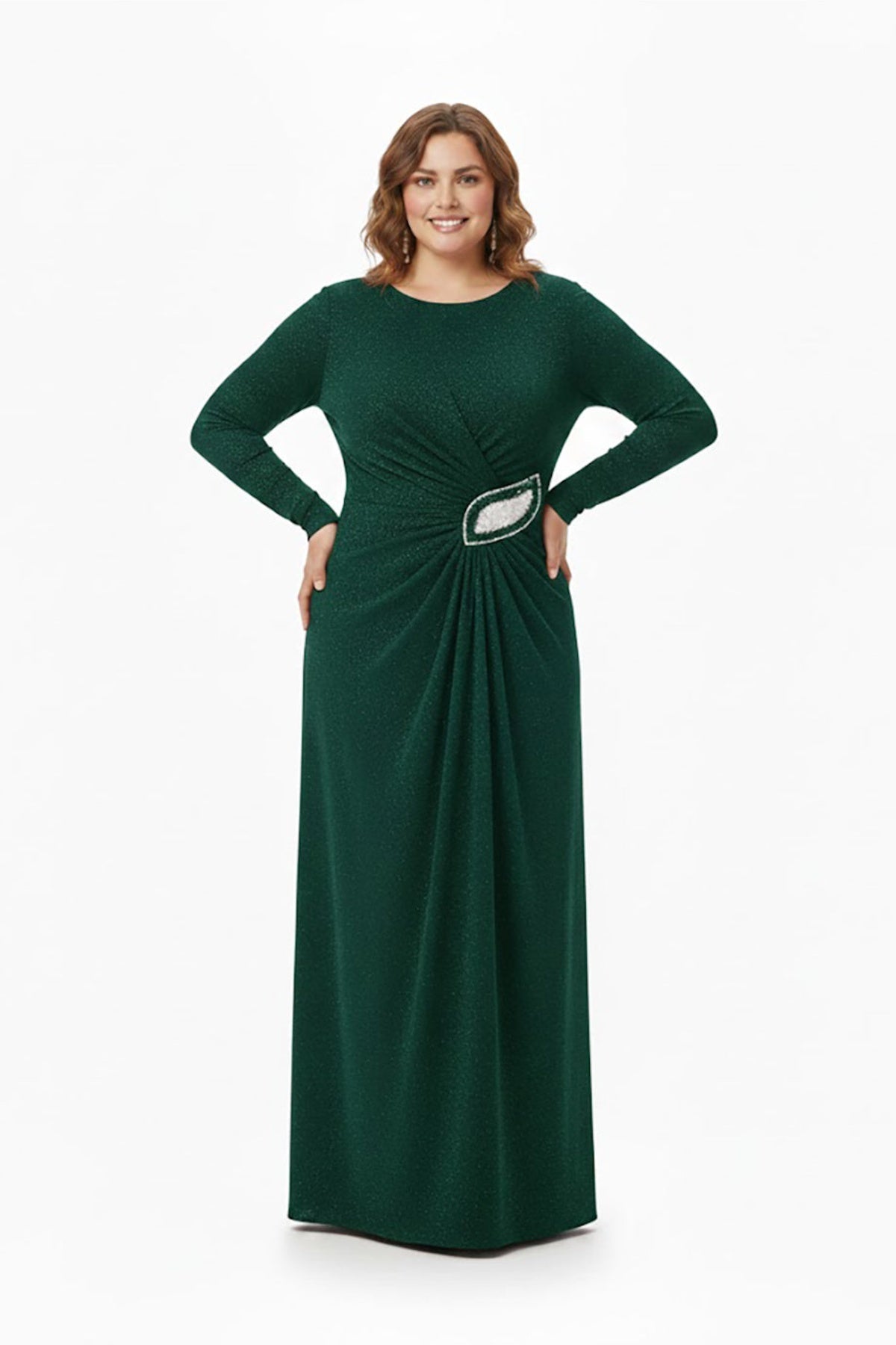 Plus - Size Long - Sleeve Evening Dress With Embellished Waist — Green