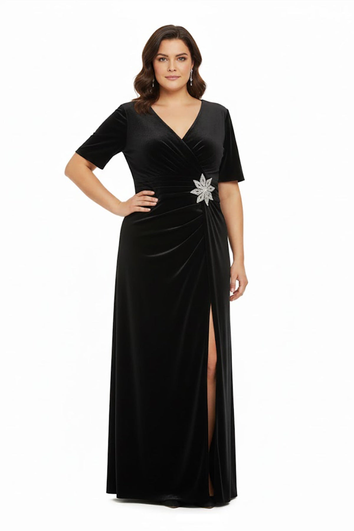 Plus - Size Evening Dress With Floral Waist Embellishment — Black